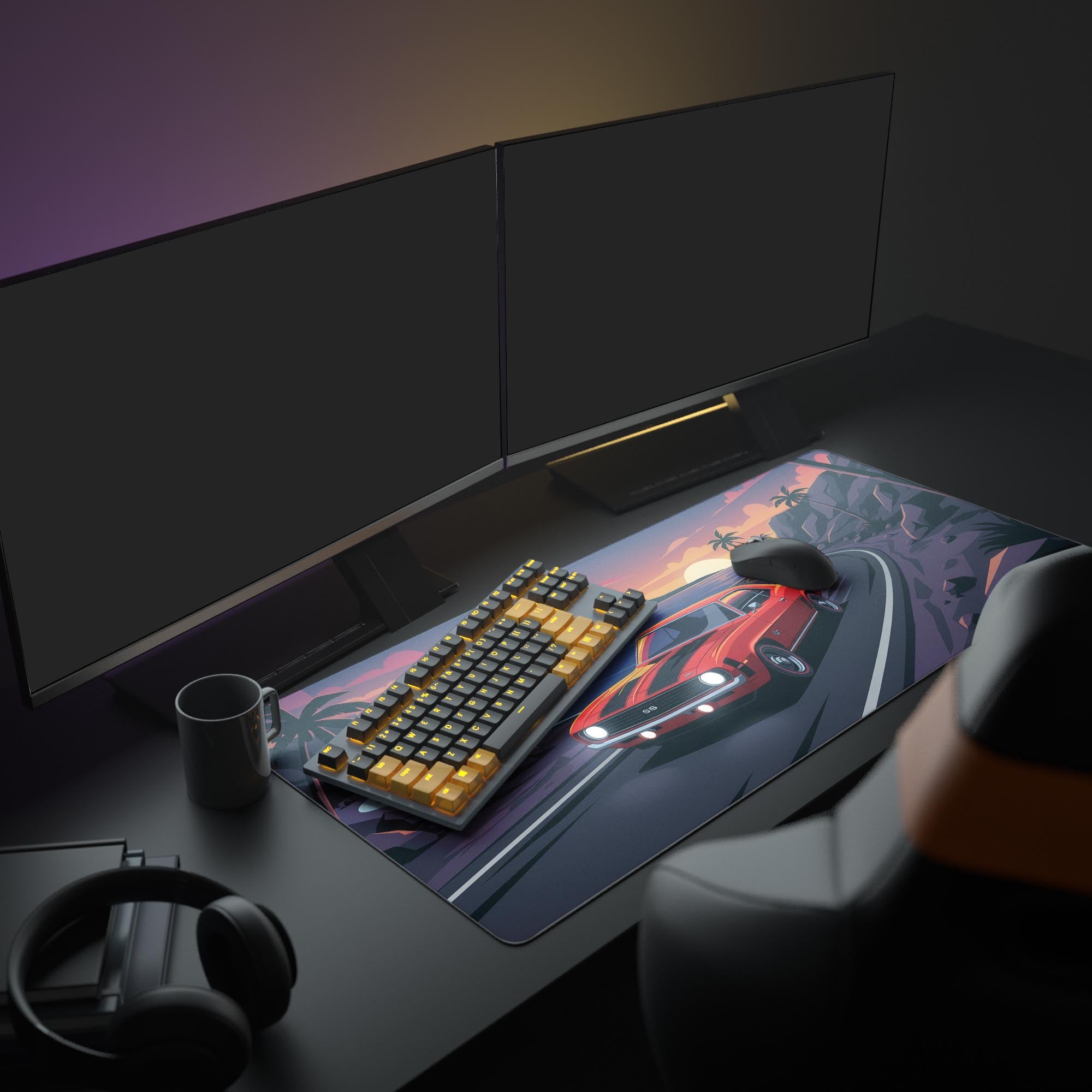 Large Sunset Drive desk mat featuring a muscle car – shown in an aesthetic desk setup with dual monitors and accessories. - Epic Design Pads