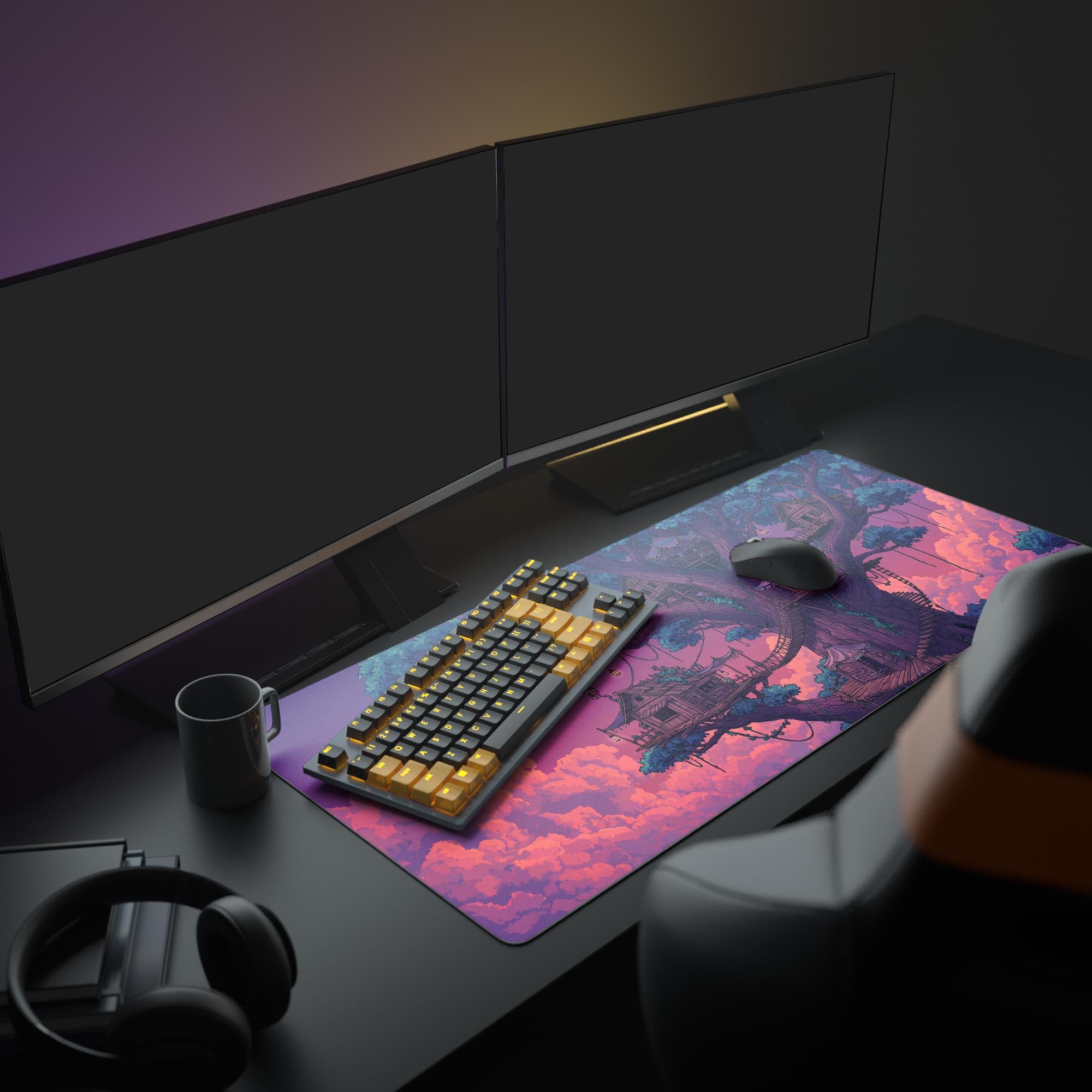 The Sunset Heights fantasy treehouse mouse pad shown in a cozy gaming setup, providing a large, vibrant surface for a keyboard and mouse under a monitor. - Epic Design Pads & Mousepads