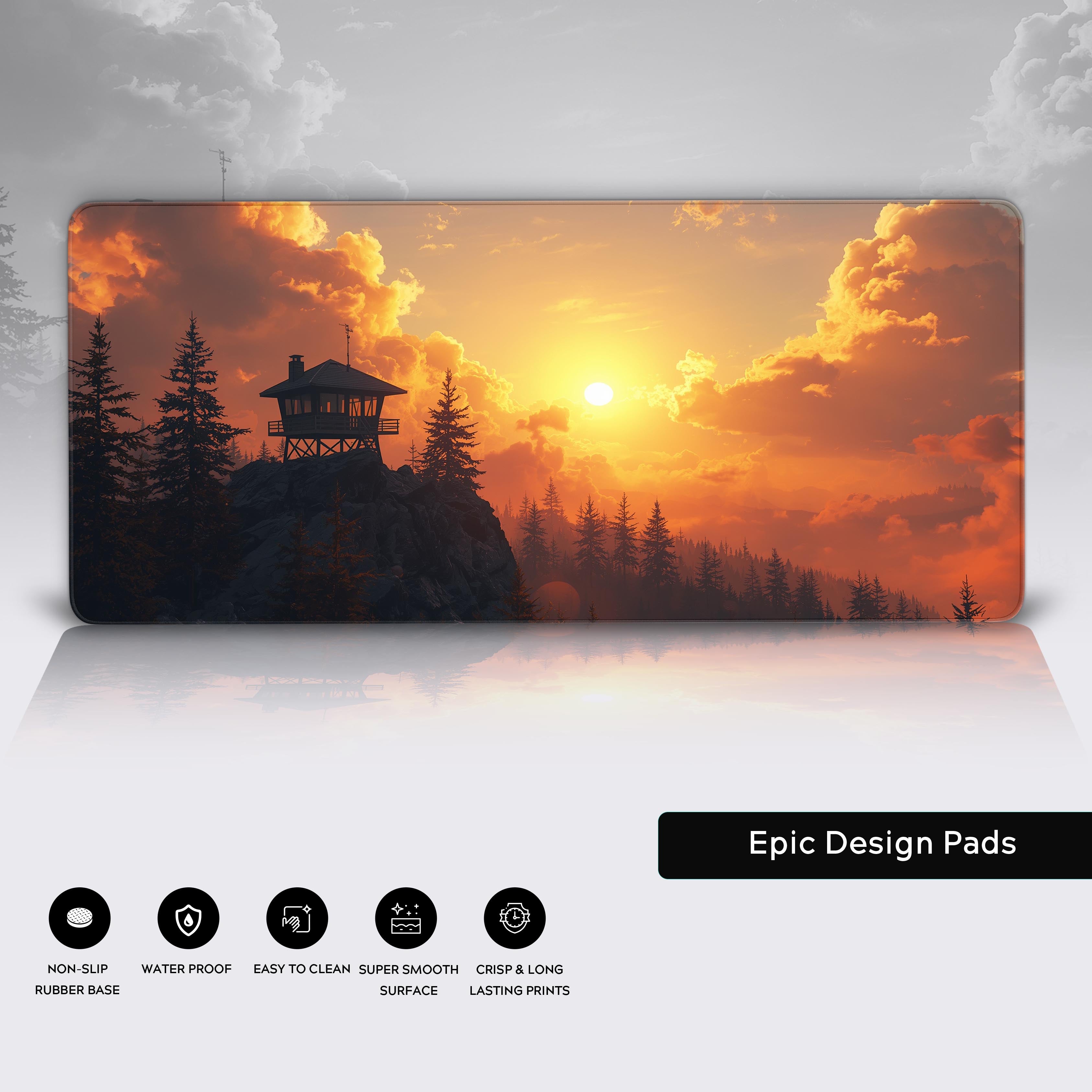 Close-up of the Sunset Lookout desk mat, detailing the high-quality stitched edges, smooth fabric surface, and non-slip rubber base. - Epic Design Pads