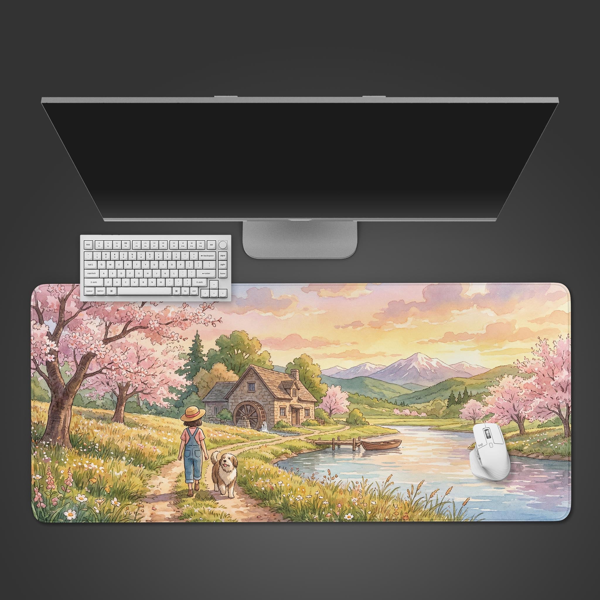 Top-down view of the Sunset Stroll gaming desk mat, showing the watercolor landscape with a white keyboard and mouse, set against a dark background. - Epic Design Pads & Mousepads
