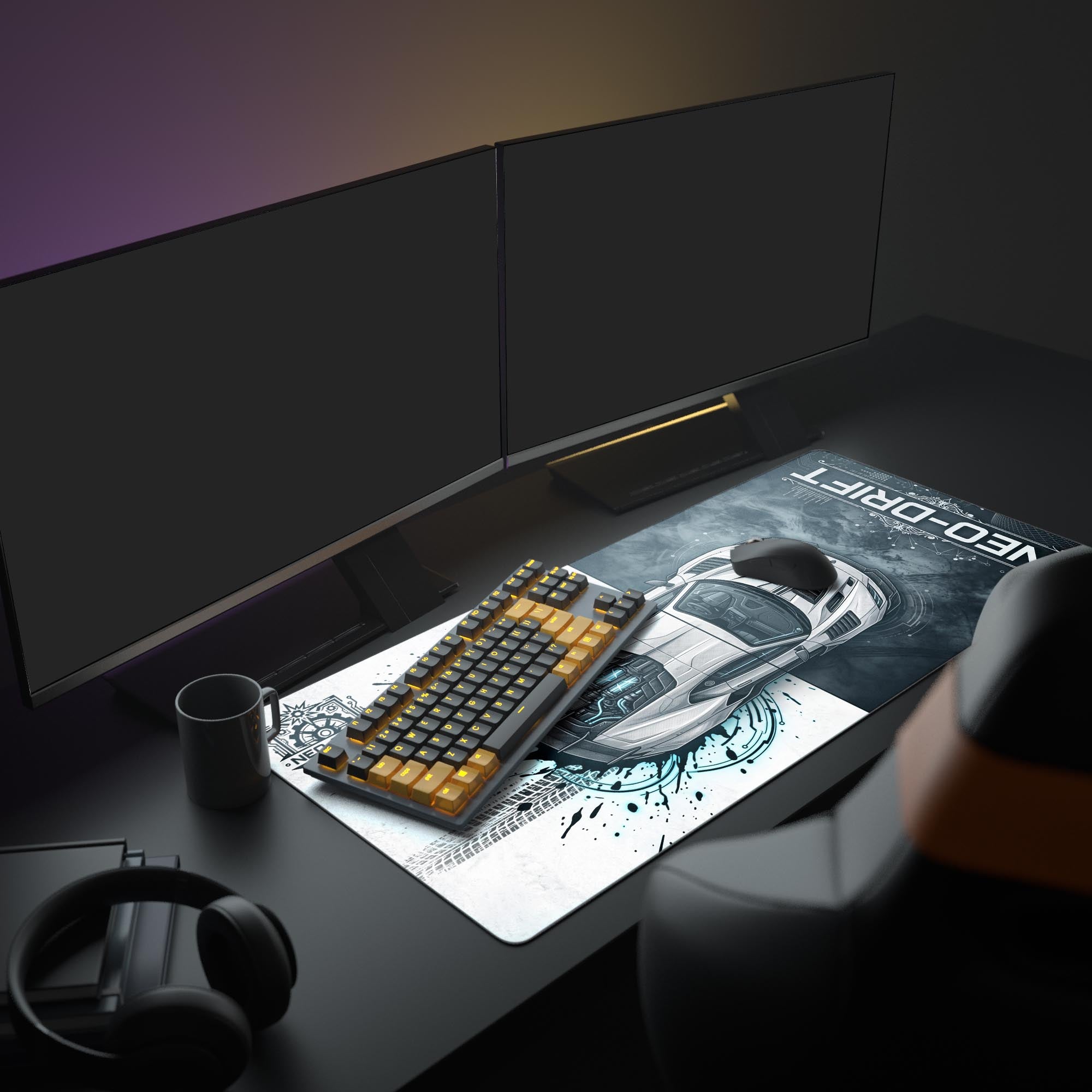 Close-up of the Neo-Drift automotive mouse pad showing cyan engine energy and technical details.