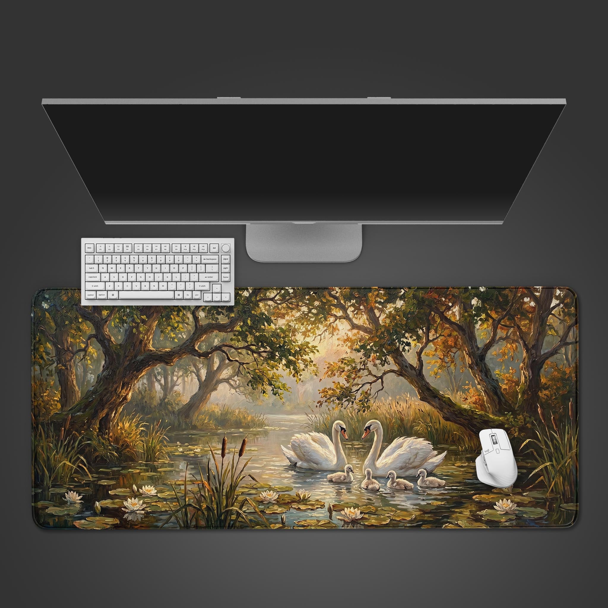 Fine art swan family painting on a premium desk mat