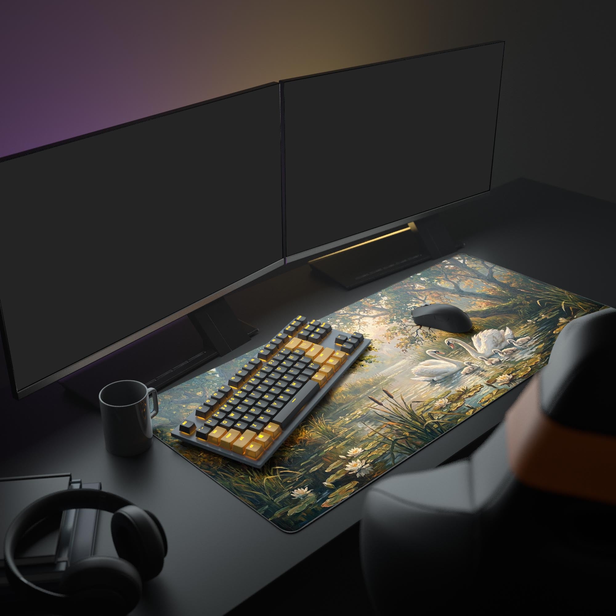 Golden hour nature scene with swans and lily pads on an XL mouse pad