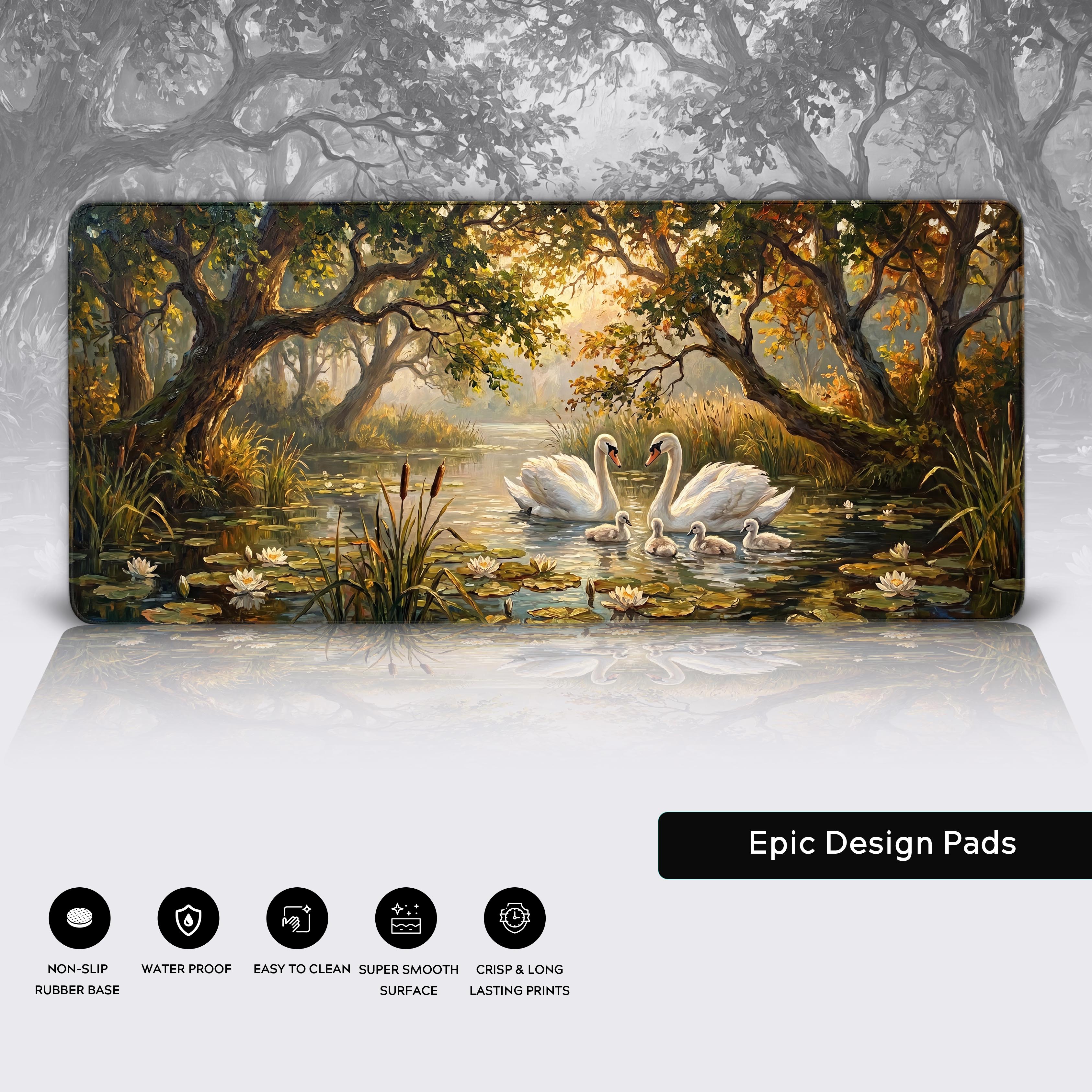 Epic Design Pads non-slip rubber base desk mat with serene swan artwork