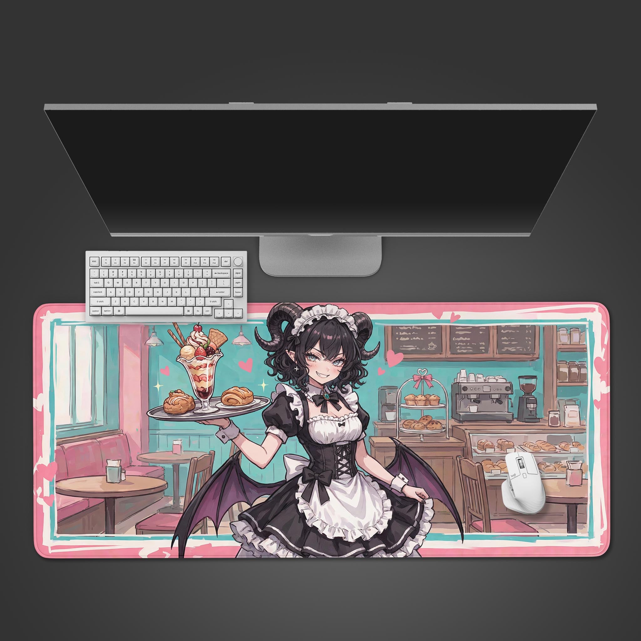 The 'Sweet Sin' gaming desk mat displayed on a dark surface with a white keyboard and mouse, showing the full demon maid anime artwork from a top-down view. - Epic Design Pads & Mousepads