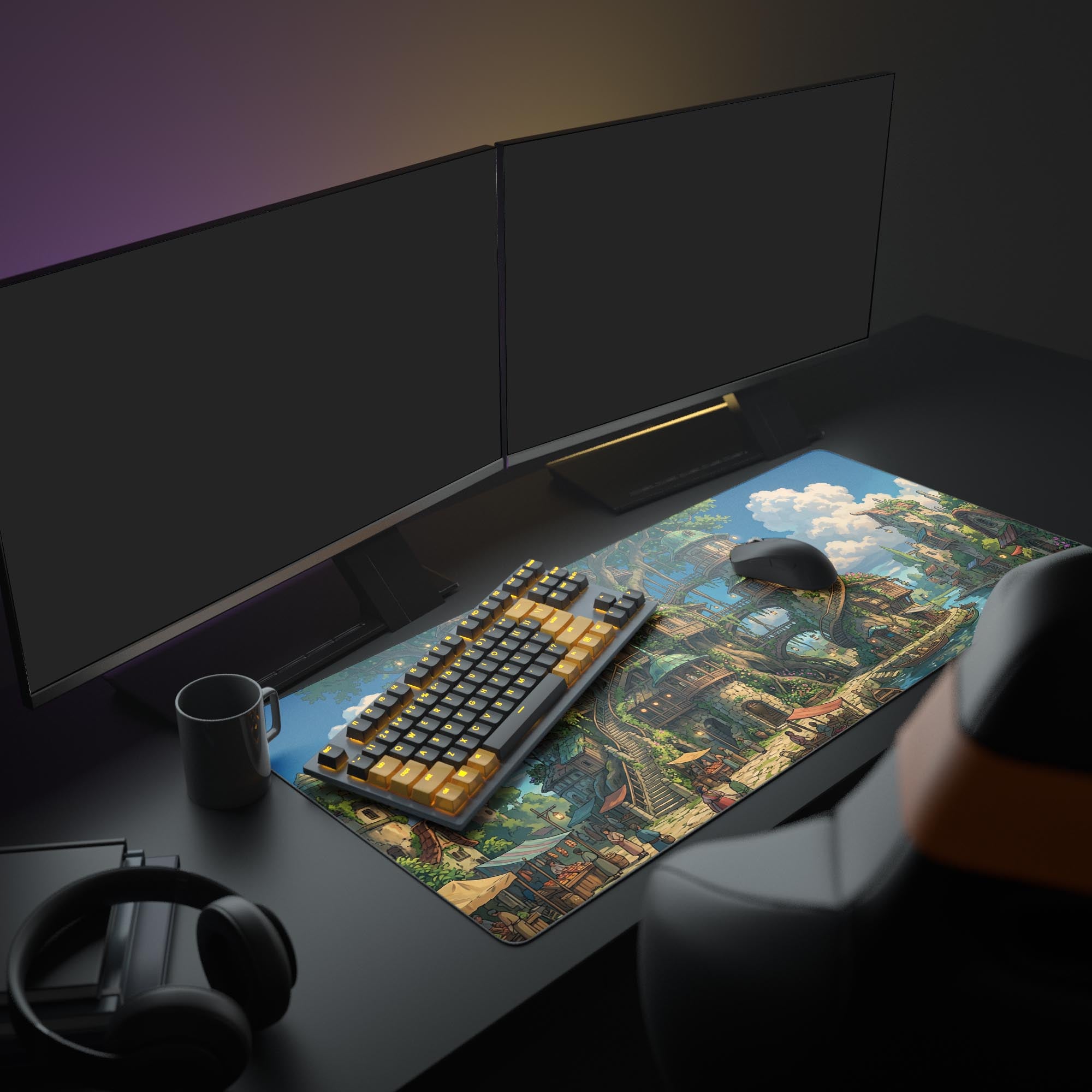 A full gaming setup featuring the Sylvan Heights XL Mouse Pad, with dual monitors and a glowing keyboard, creating a cozy and immersive fantasy-themed workspace. - Epic Design Pads & Mousepads