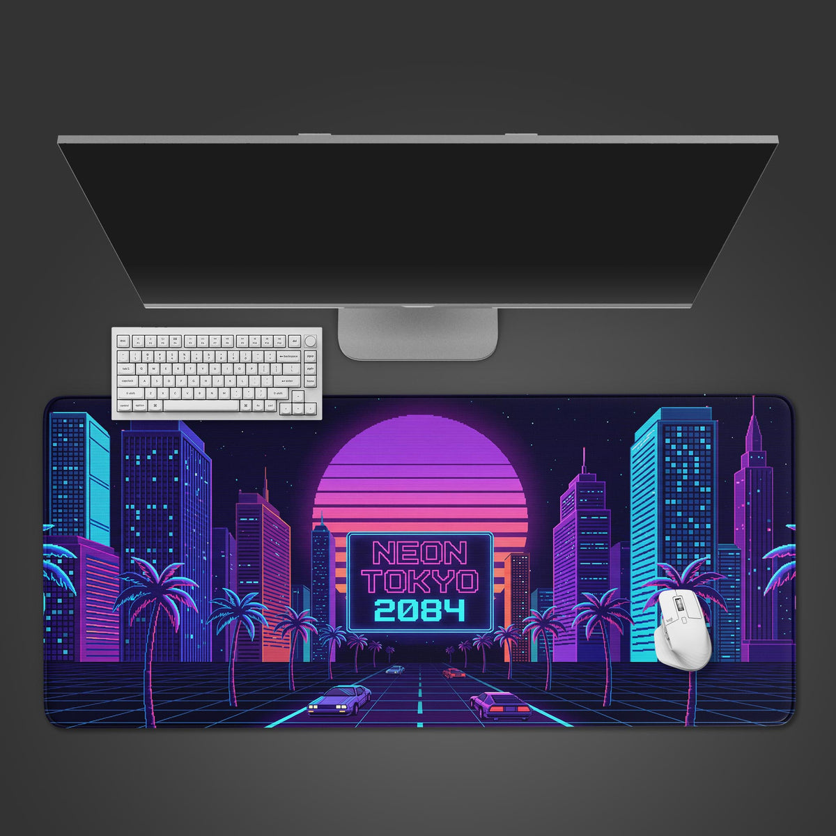 A synthwave desk mat featuring a neon cityscape, glowing grid, retro sports cars, and a Neon Tokyo 2084 sign against a bright pink sun.