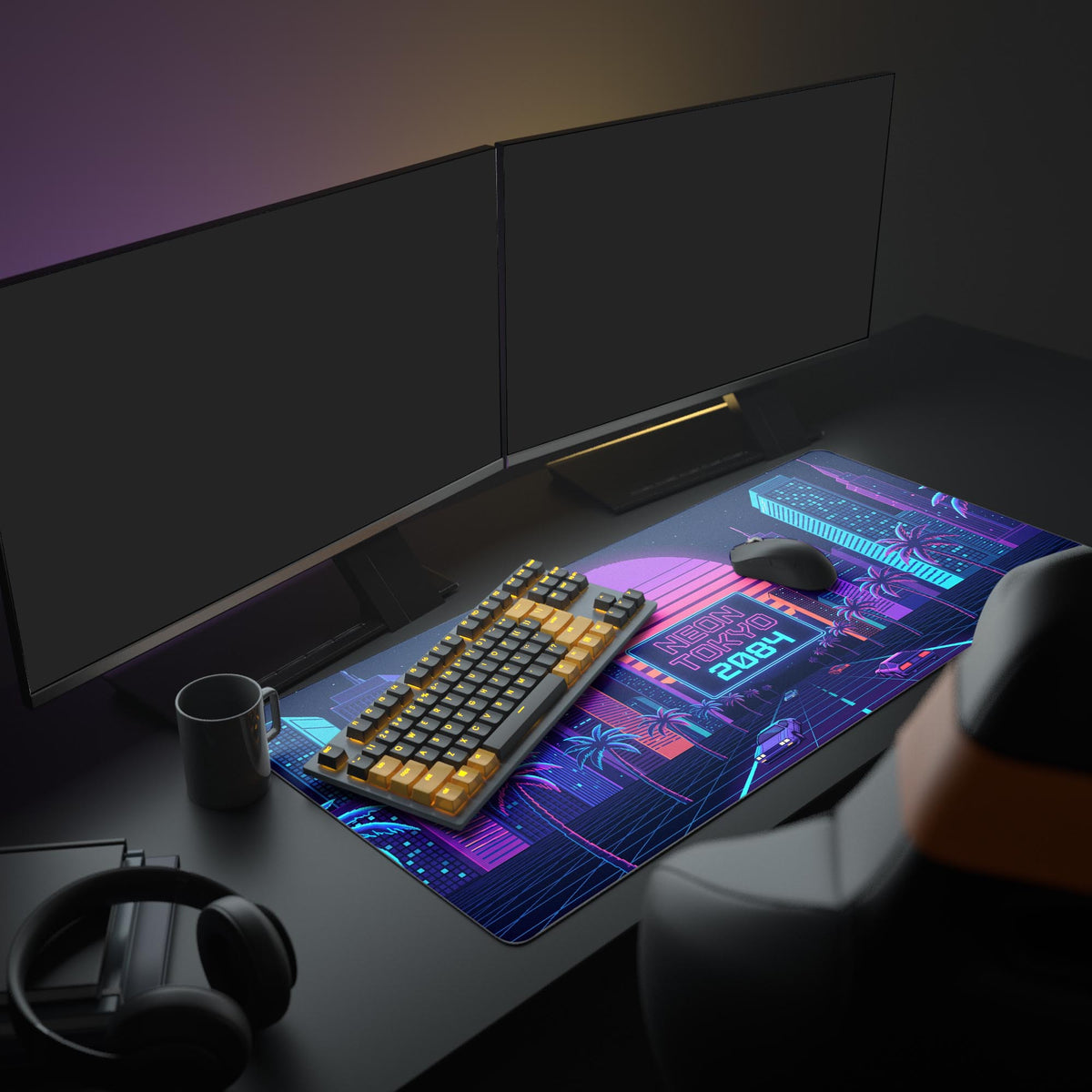Detail of the desk mat artwork showing retro sports cars driving on a glowing cyan neon grid highway.