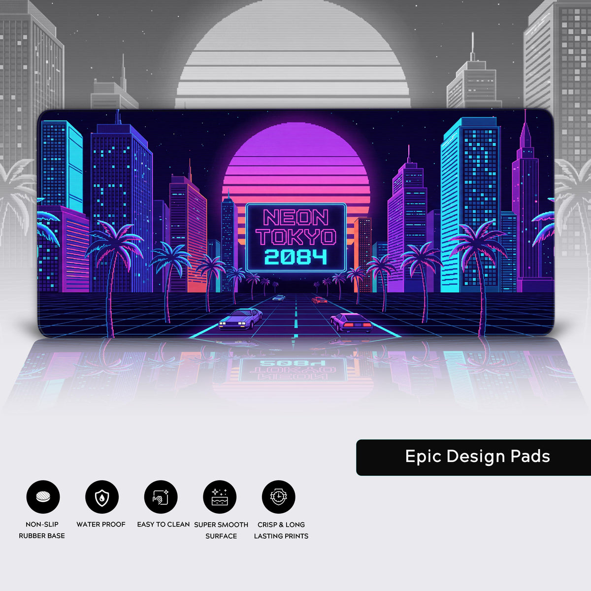 Full view of the Neon Tokyo 2084 synthwave mouse pad displayed on a light background.