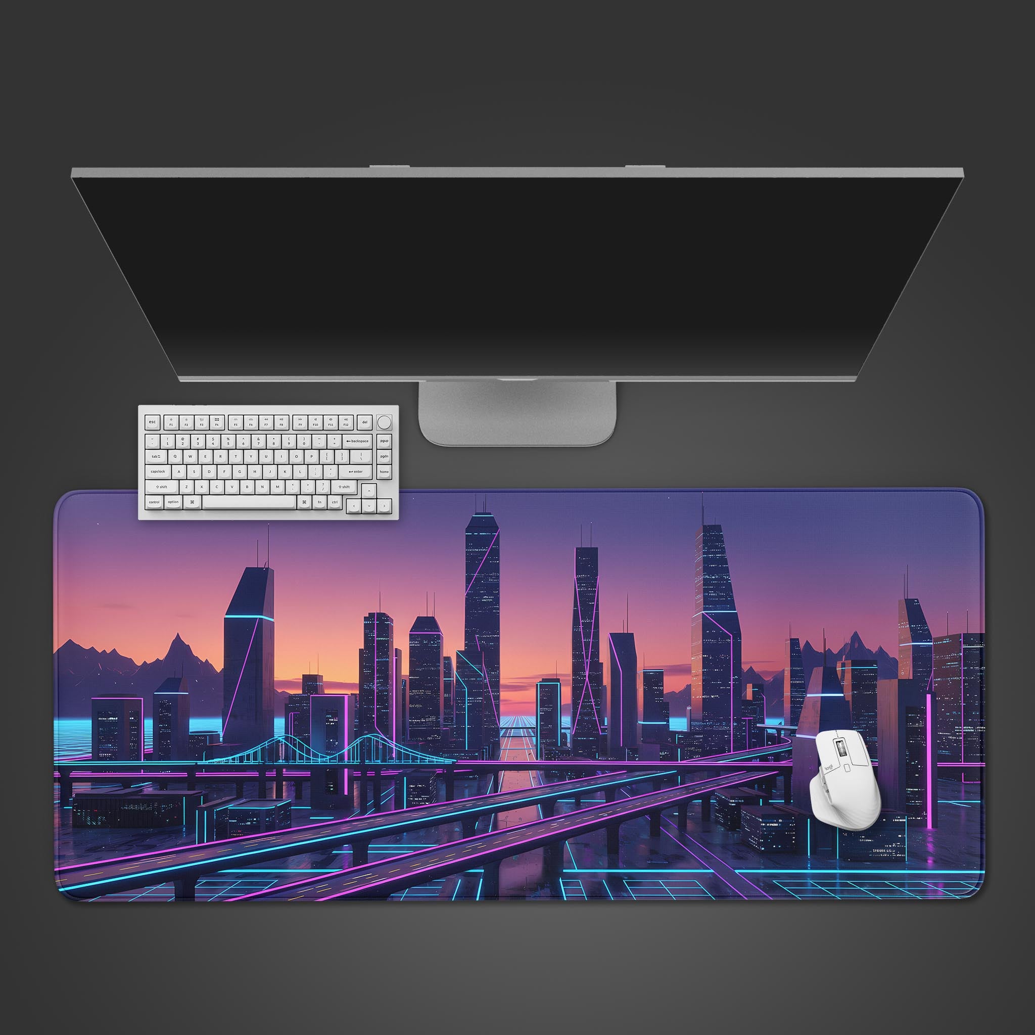 Wild Beauty tiger desk mat with rose design, shown from a top-down view with a white keyboard and mouse, creating an aesthetic desk setup. - Epic Design Pads & Mousepads