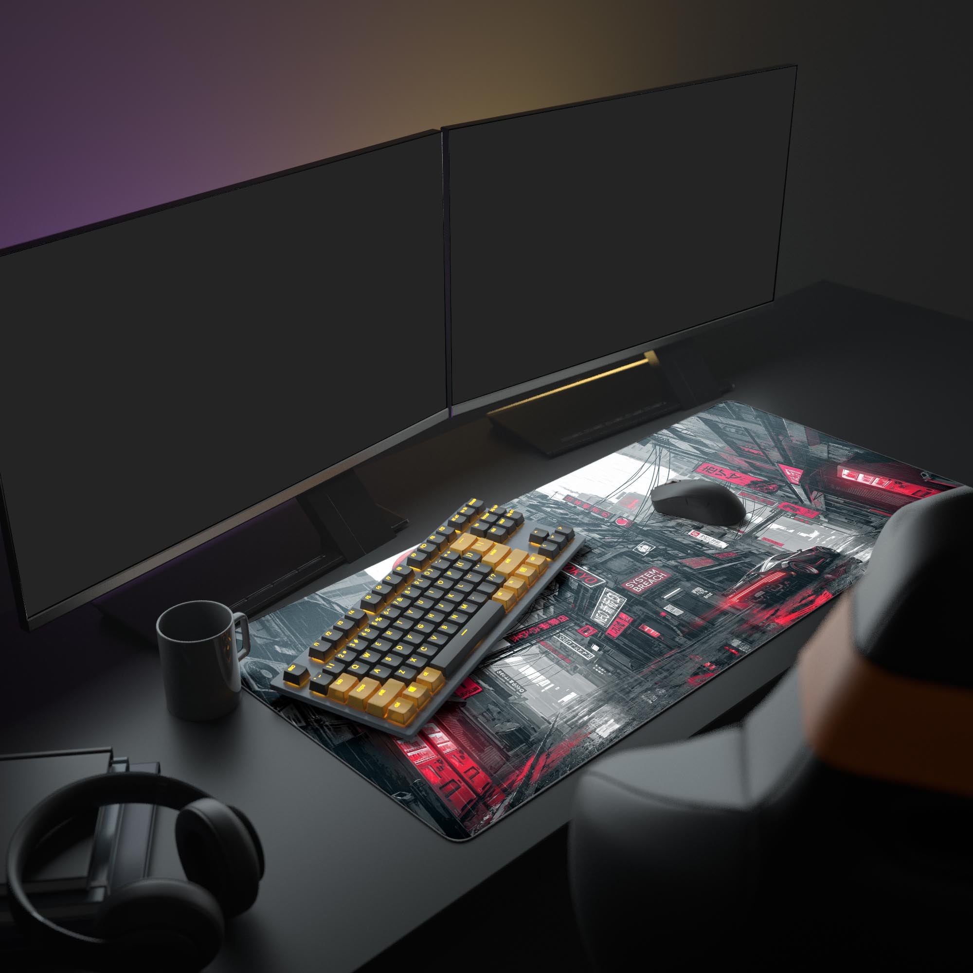 Large System Breach gaming desk mat in a dystopian tech setup with dual monitors, a mechanical keyboard, and headphones. - Epic Design Pads & Mousepads