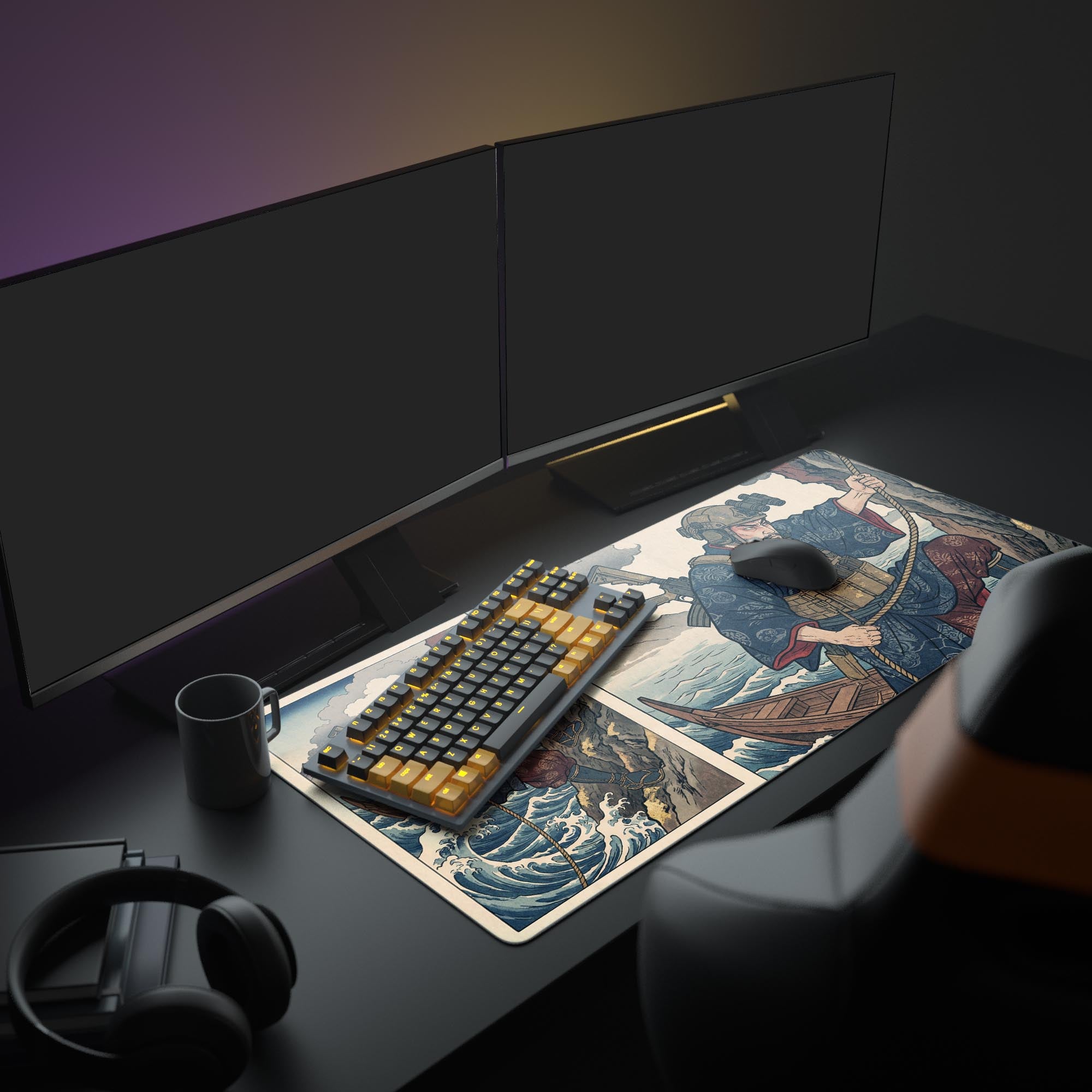 A full gaming setup featuring the Tactical Ascent mouse pad, which complements the multiple monitors and peripherals with its unique samurai operator design. - Epic Design Pads & Mousepads