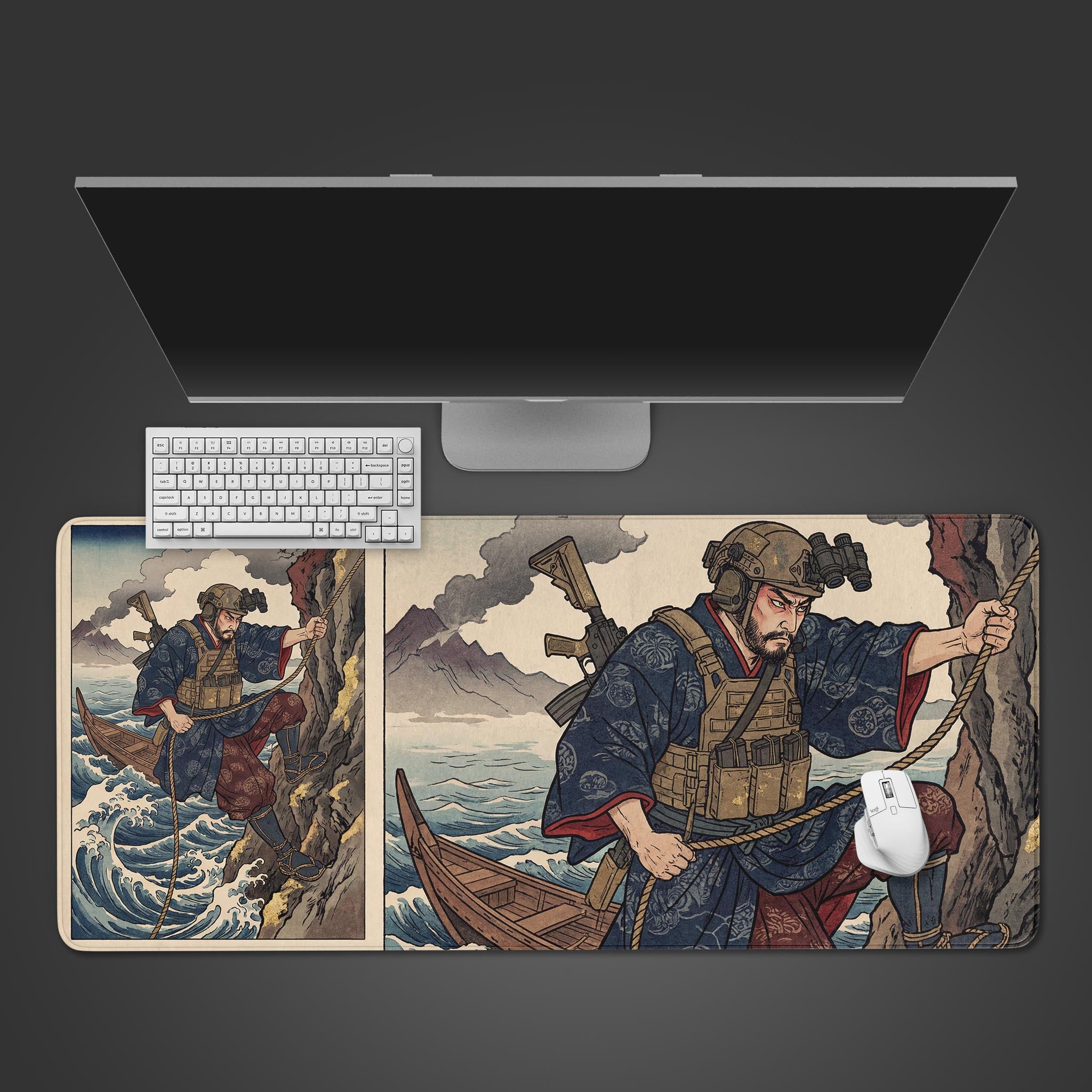 The "Tactical Ascent" gaming desk mat displayed on a desk with a white keyboard and monitor, showcasing the Japanese Ukiyo-e artwork of a tactical samurai climbing a cliff. - Epic Design Pads & Mousepads