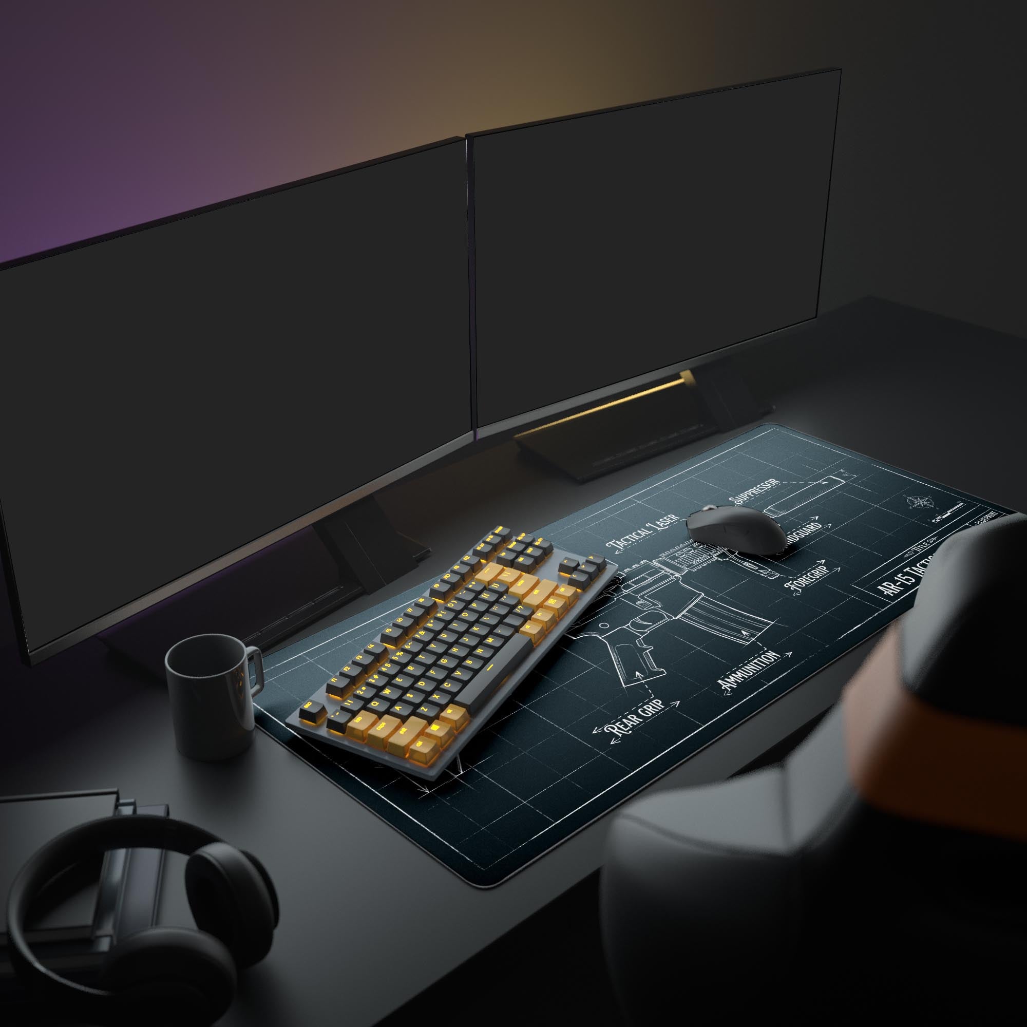 The Tactical Blueprint mouse pad in a clean gaming setup, featuring a large monitor, mechanical keyboard, and white mouse, creating a focused, monochrome aesthetic. - Epic Design Pads & Mousepads
