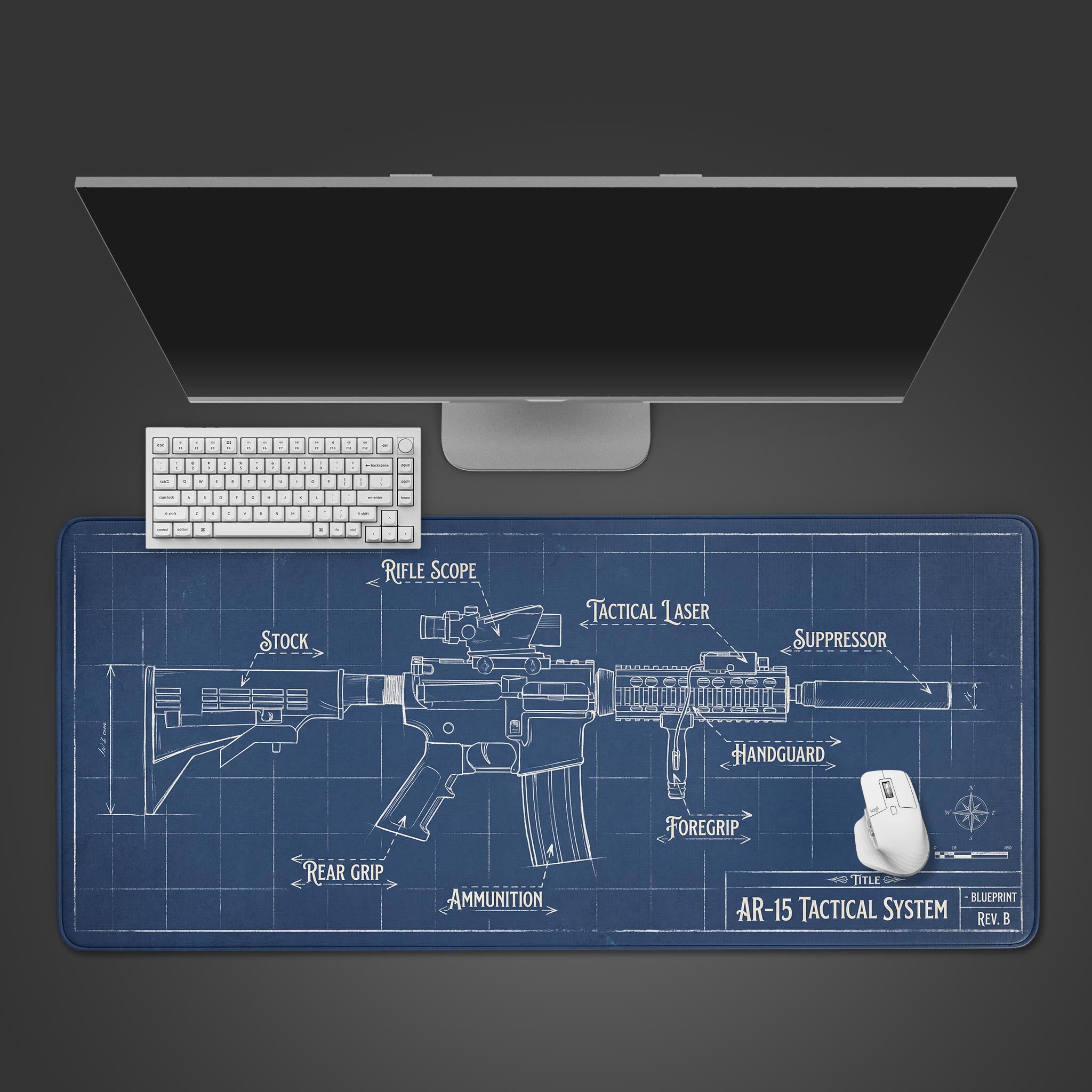 Tactical blueprint desk mat with a detailed rifle schematic. Top-down view showing a keyboard and mouse on its large surface, highlighting the technical drawing style. - Epic Design Pads & Mousepads