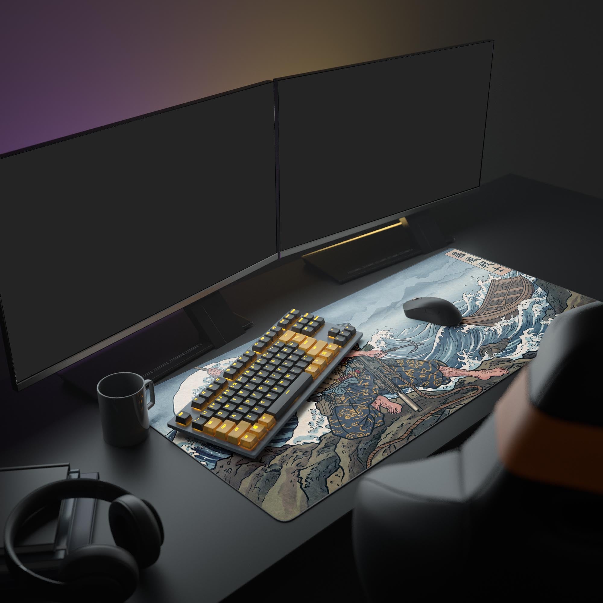 A full gaming setup showcasing the Tactical Wave XL mouse pad, which depicts a modern operator in a classic Japanese art style. - Epic Design Pads & Mousepads