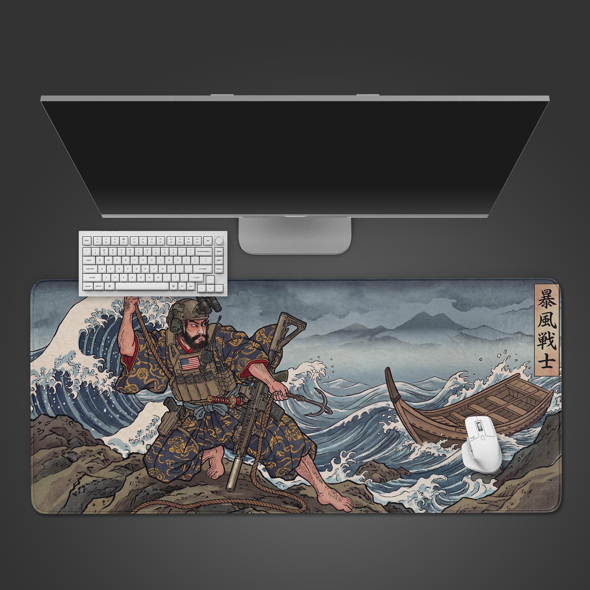 The Tactical Wave gaming desk mat, featuring a Ukiyo-e style soldier against a great wave, shown on a desk with a white keyboard and monitor. - Epic Design Pads & Mousepads