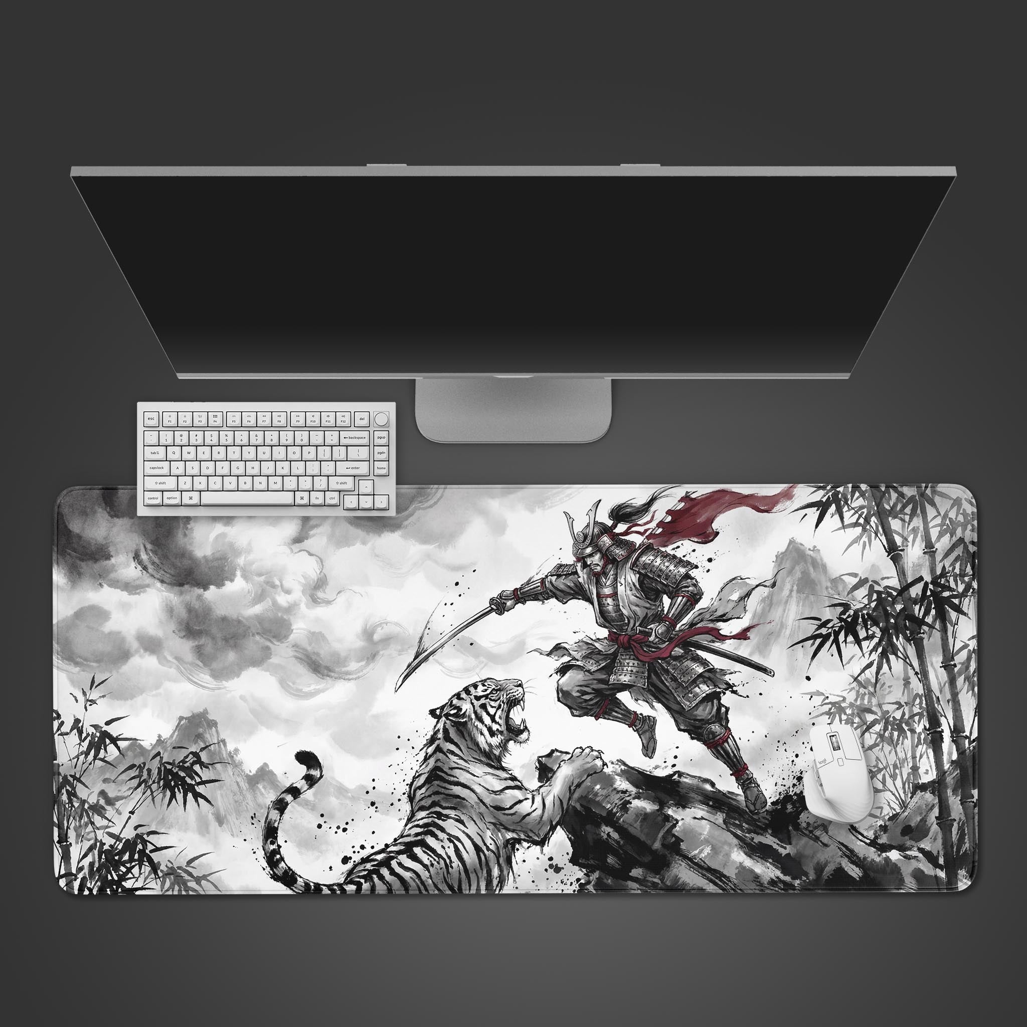 Top-down view of the Taming Chaos gaming desk mat featuring a samurai vs tiger design, shown with a white keyboard and monitor on a dark background. - Epic Design Pads & Mousepads