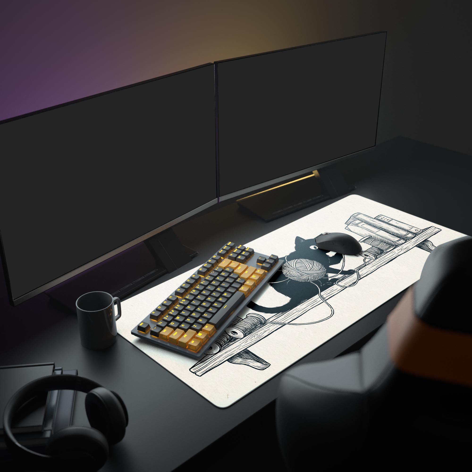 A complete workspace setup showcasing the Tangled Whimsy cat mouse pad, complementing a monitor, keyboard, and other Dark Academia themed accessories. - Epic Design Pads & Mousepads