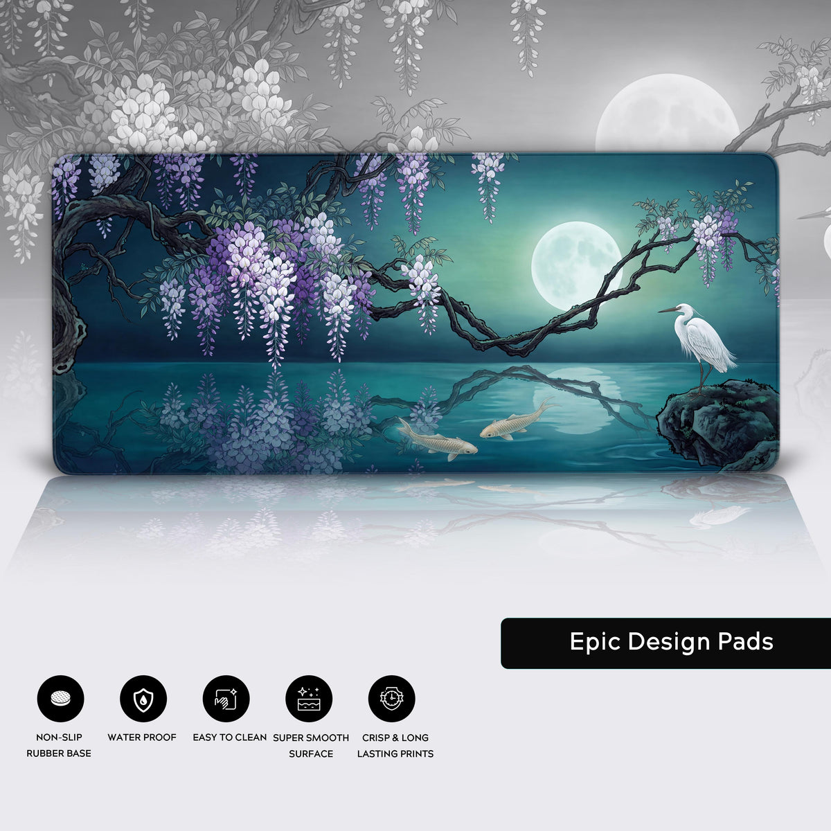 Features panel: the mat with wisteria, moon, egret and two carp over a faded grey copy of its art, feature icons below.
