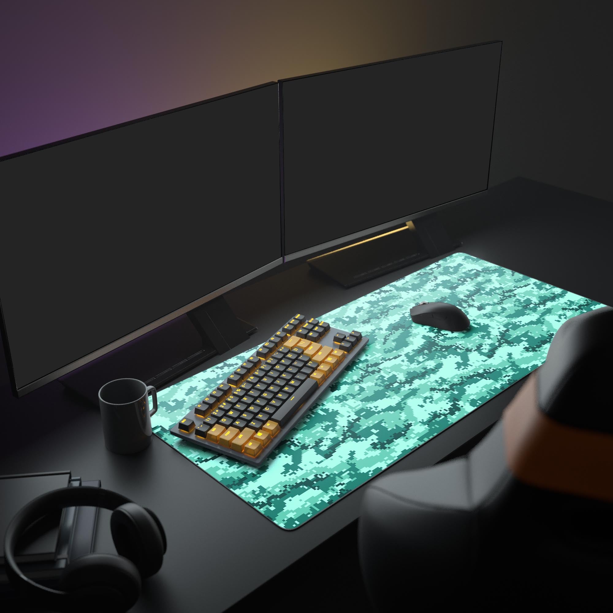 Large Teal Pixel Camo gaming mouse pad featured in a tech setup with a mechanical keyboard, dual monitors, and headphones. - Epic Design Pads