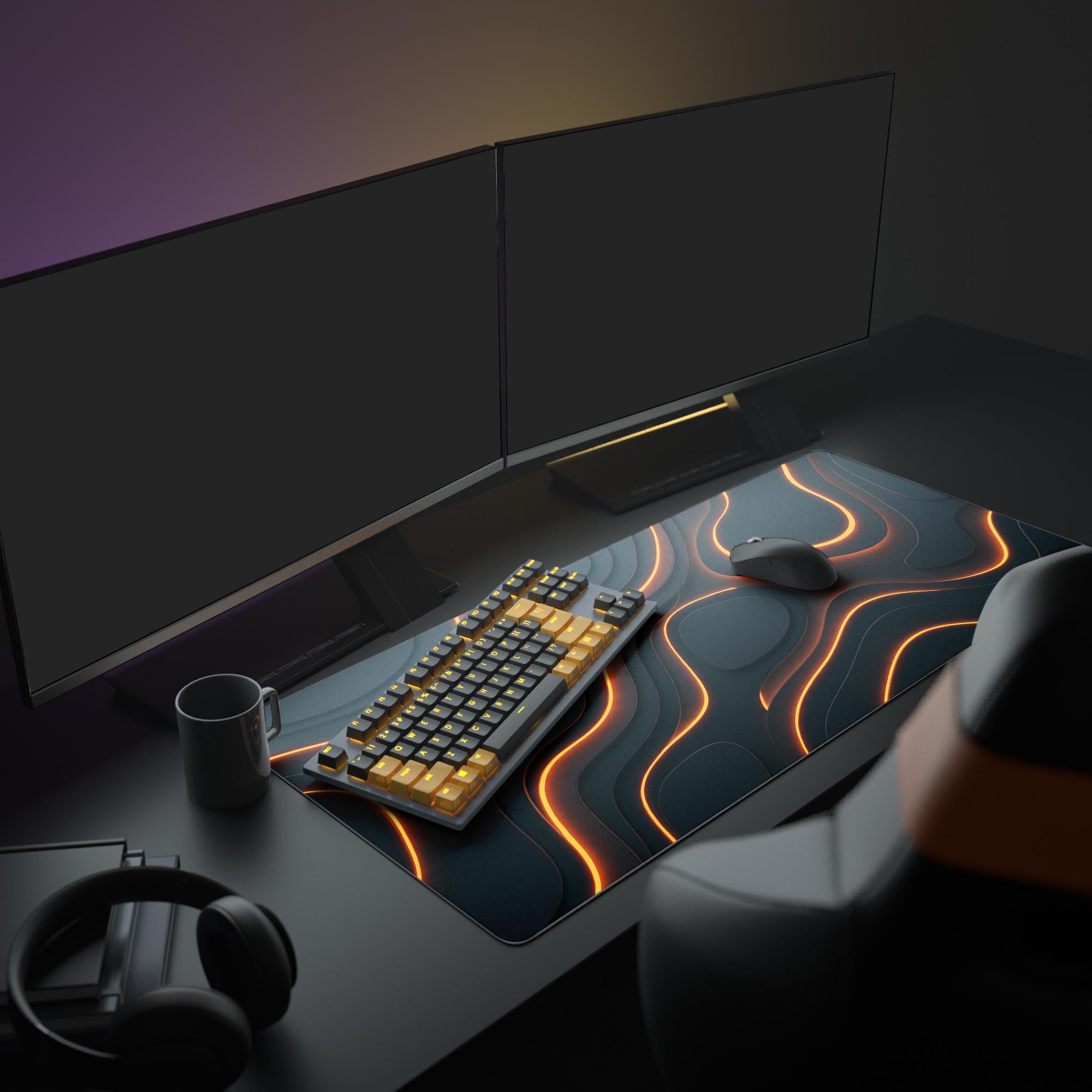 The Tectonic Shift XL mouse pad shown in a modern gaming setup, its glowing orange lines complementing a lit keyboard and monitor. - Epic Design Pads & Mousepads