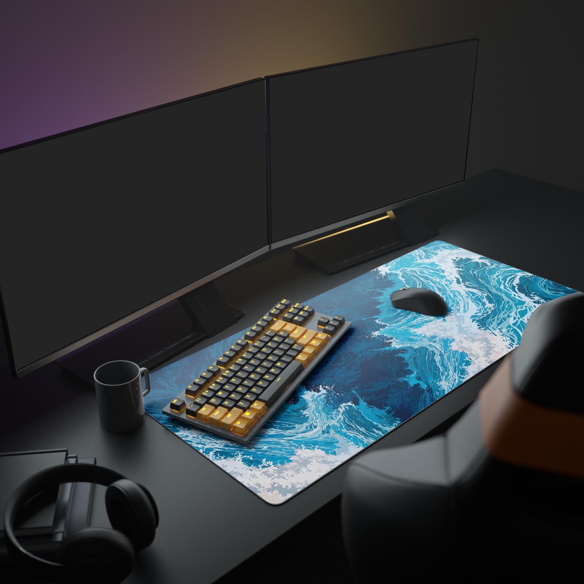 Close-up of the Tempest Waves desk mat showing swirling blue and white water textures