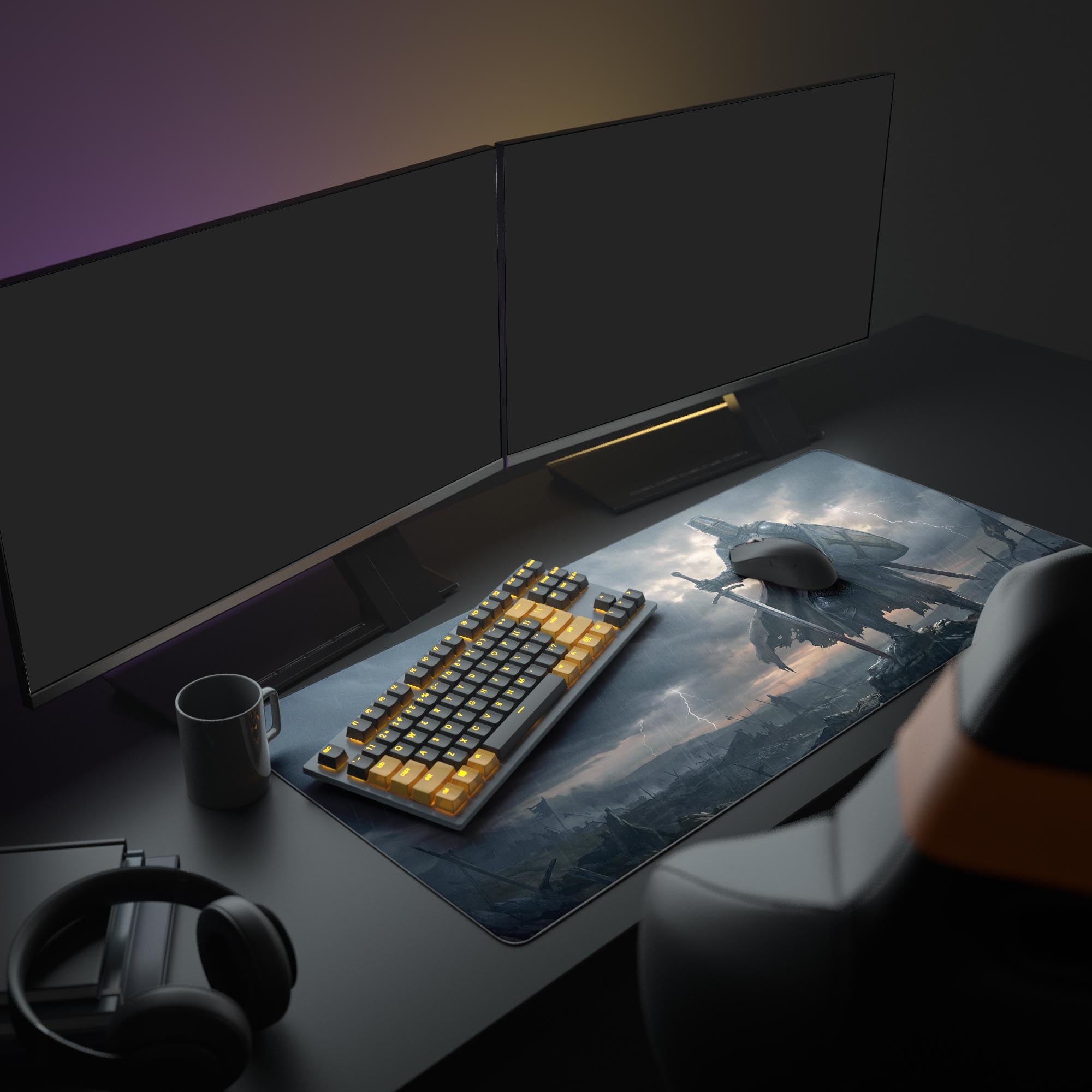 A full PC setup showcasing the Templar's Stand gaming desk mat, enhancing a workspace with its dark fantasy knight artwork beneath a monitor. - Epic Design Pads & Mousepads