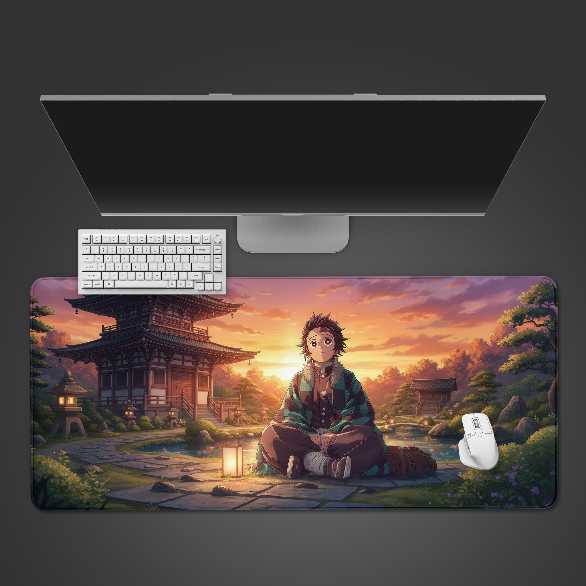 Temple Dawn anime desk mat with checkered haori hero design – top-down view on a desk with a gaming keyboard and mouse. - Epic Design Pads