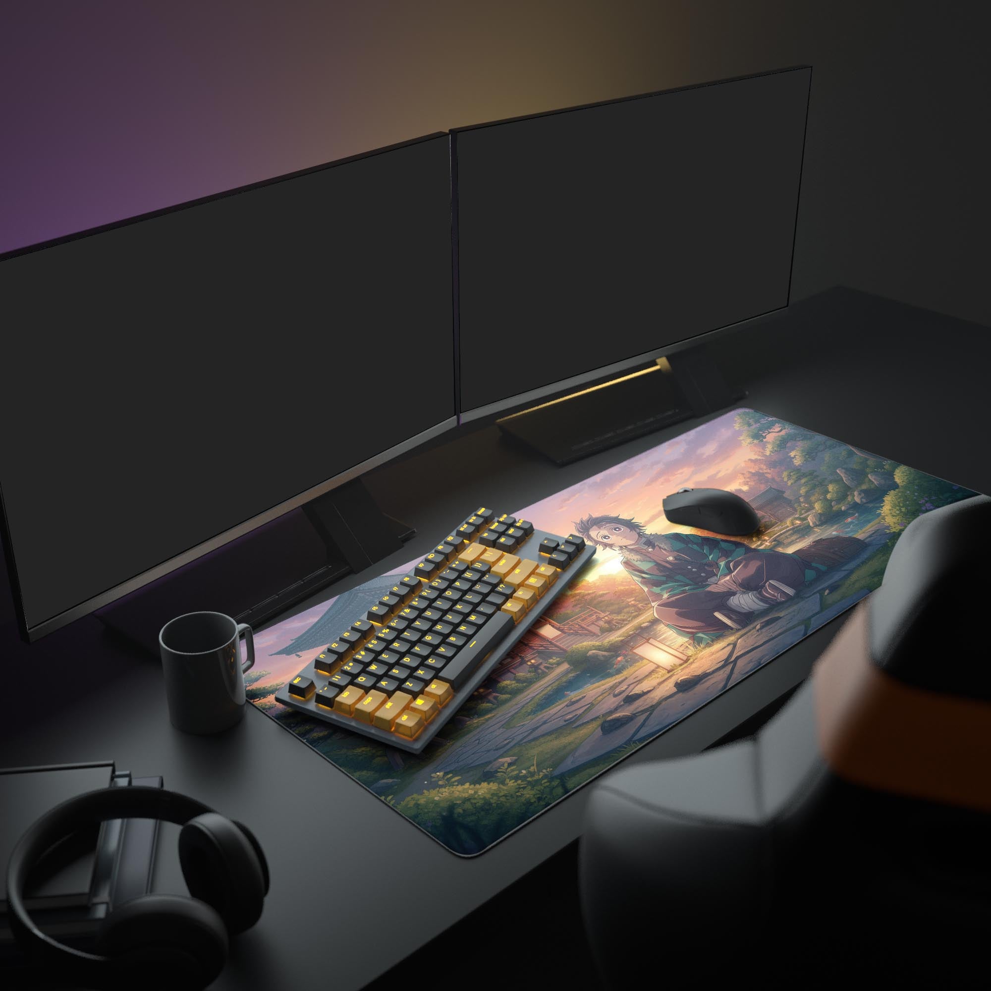 Large Temple Dawn Japanese desk mat shown in a complete gaming setup with dual monitors, mechanical keyboard, and headphones. - Epic Design Pads