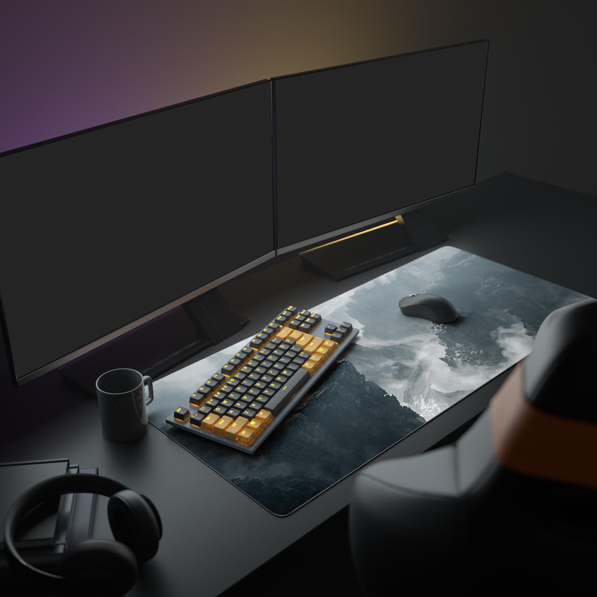 Close-up of the glowing orange temple and rugged black and white rocky cliffs on a premium gaming mouse pad.