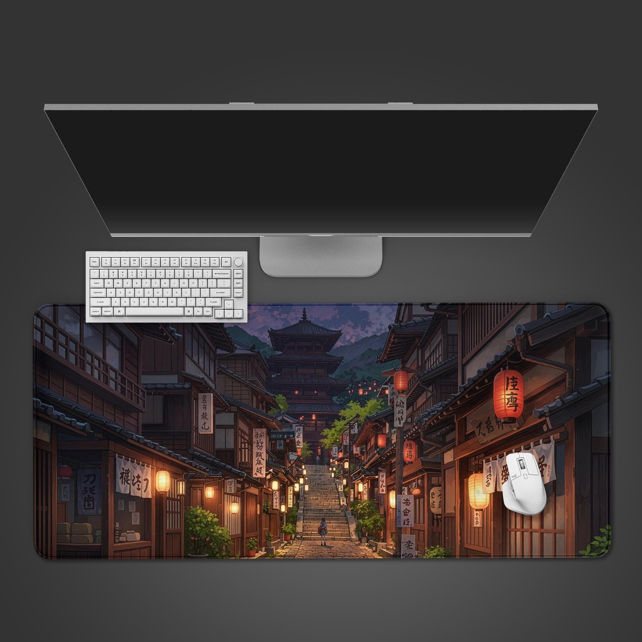 Temple's Ascent anime desk mat featuring a Japanese street scene at dusk – top-down view on a desk with a keyboard and mouse. - Epic Design Pads