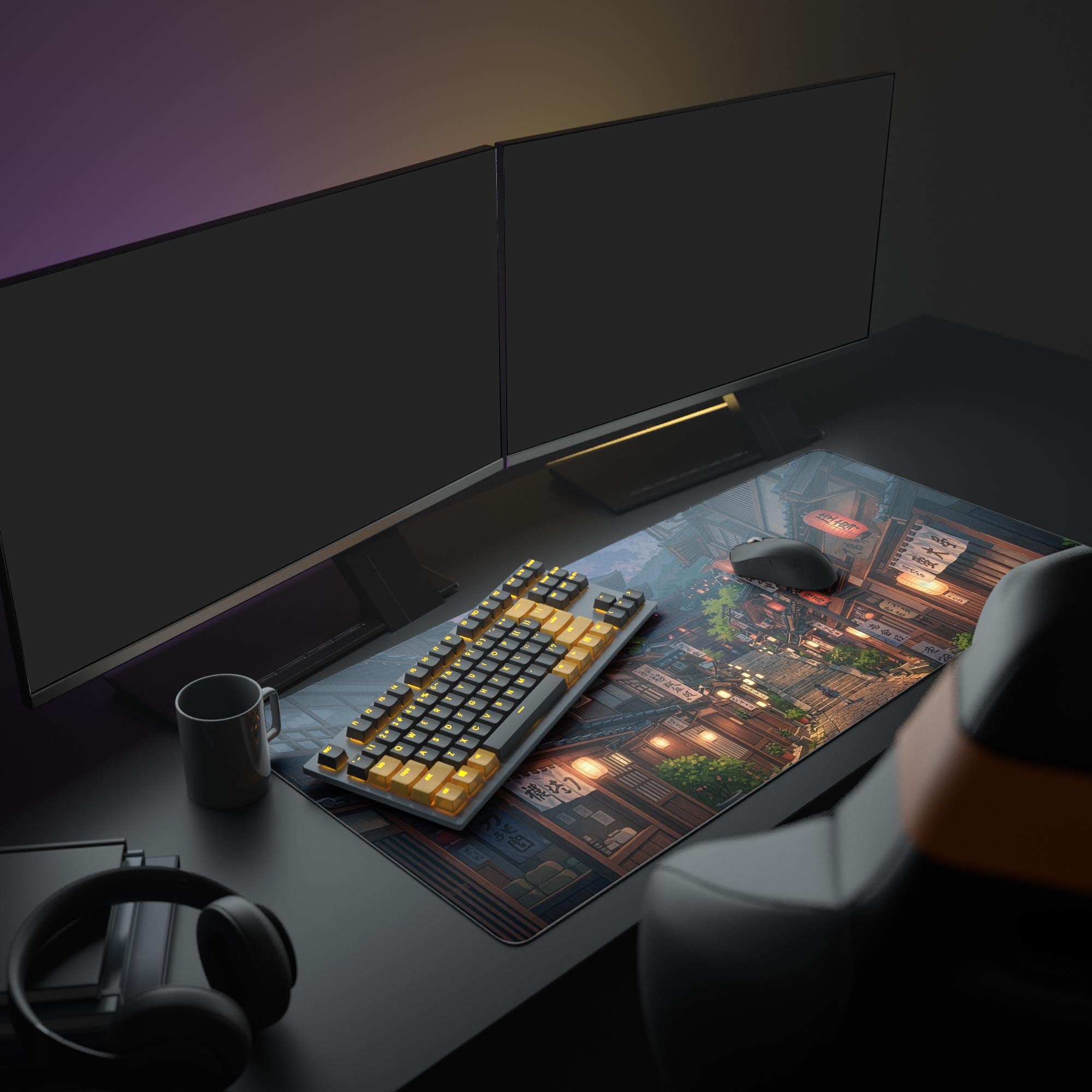 Large Temple's Ascent Japanese desk mat in a cozy anime-themed gaming setup with dual monitors and warm lighting. - Epic Design Pads
