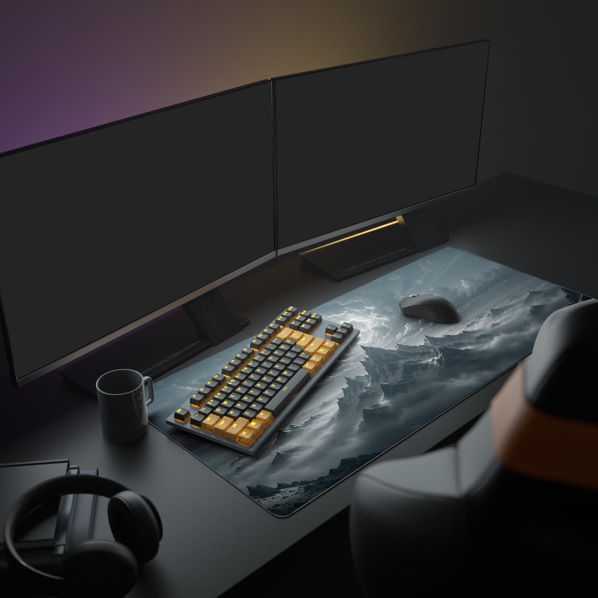 Inspiring monochrome mountain desk mat – shown in office setup with dual monitors. - Epic Design Pads