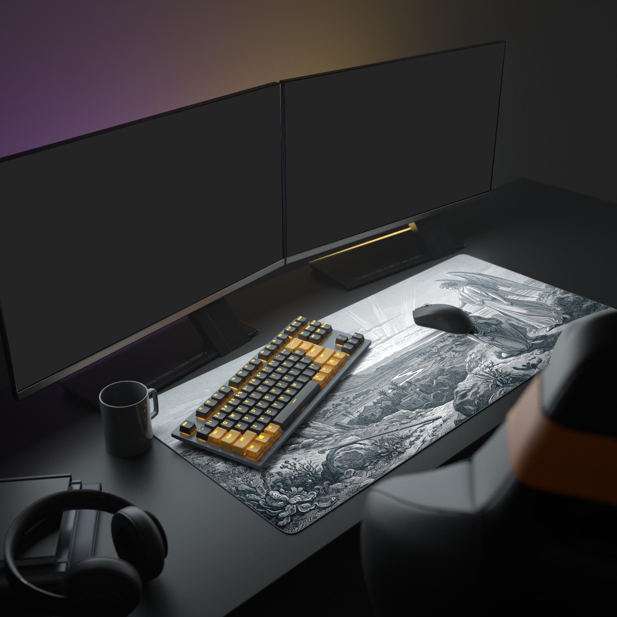A desk setup showing 'The Awakening' XL mouse pad. The monochrome classical art design complements a modern monitor and gaming peripherals for a focused workspace. - Epic Design Pads & Mousepads