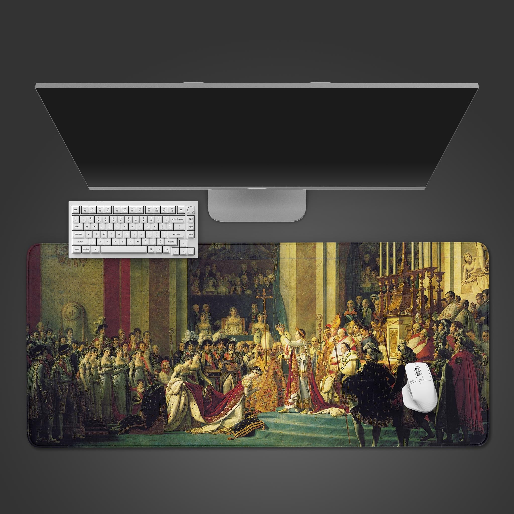 Historical desk mat featuring Coronation of Napoleon painting – top view with keyboard and mouse. - Epic Design Pads