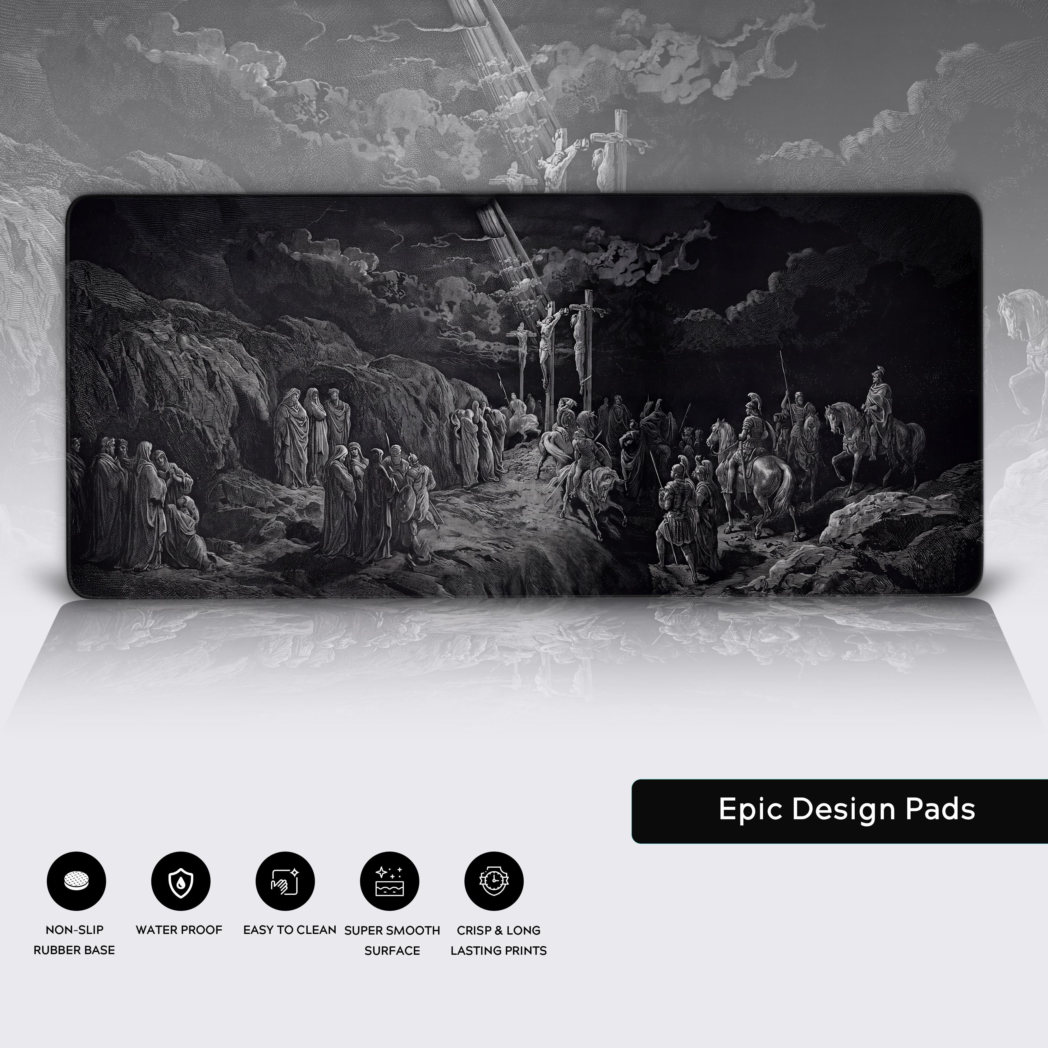 Epic Design Pads classic art desk mat showcasing waterproof, anti-slip, and easy-to-clean features