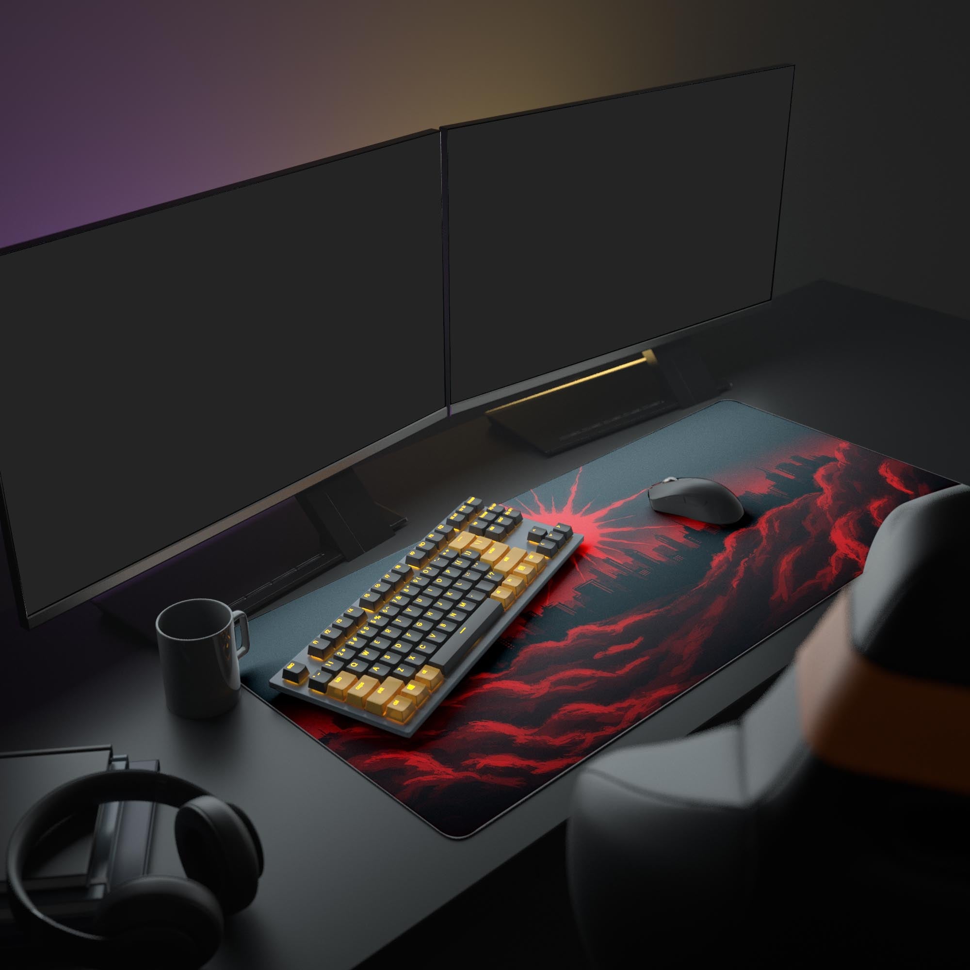 Large desk mat with apocalyptic red sun design, featured in a moody desk setup with dual monitors, headphones, and a mechanical keyboard. - Epic Design Pads & Mousepads