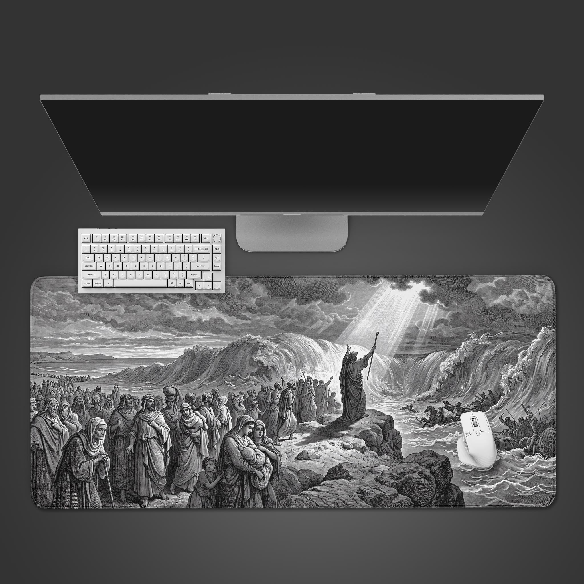 Top-down view of The Great Divide gaming desk mat featuring a vintage biblical engraving, shown with a white keyboard and mouse on a dark surface. - Epic Design Pads & Mousepads