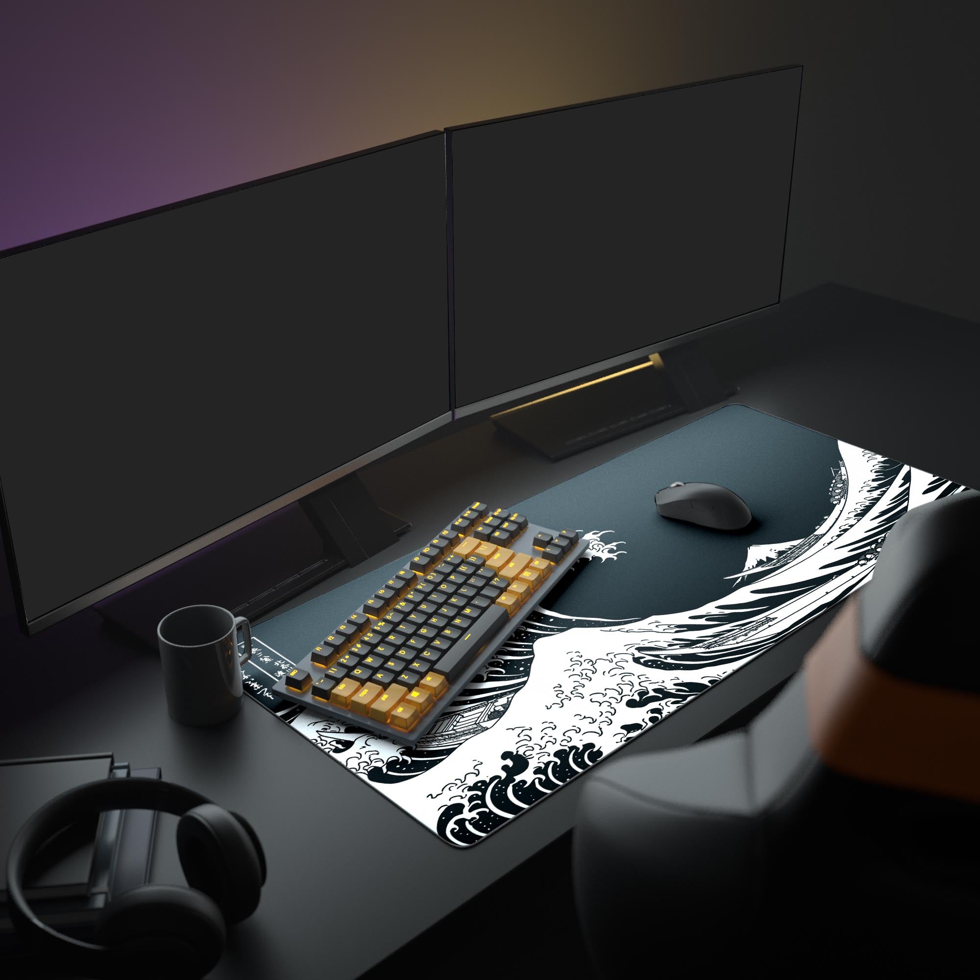 A minimalist PC setup featuring the Great Wave Mouse Pad. The black and white Japanese art design complements the white keyboard and monitor, creating a focused workspace. - Epic Design Pads & Mousepads
