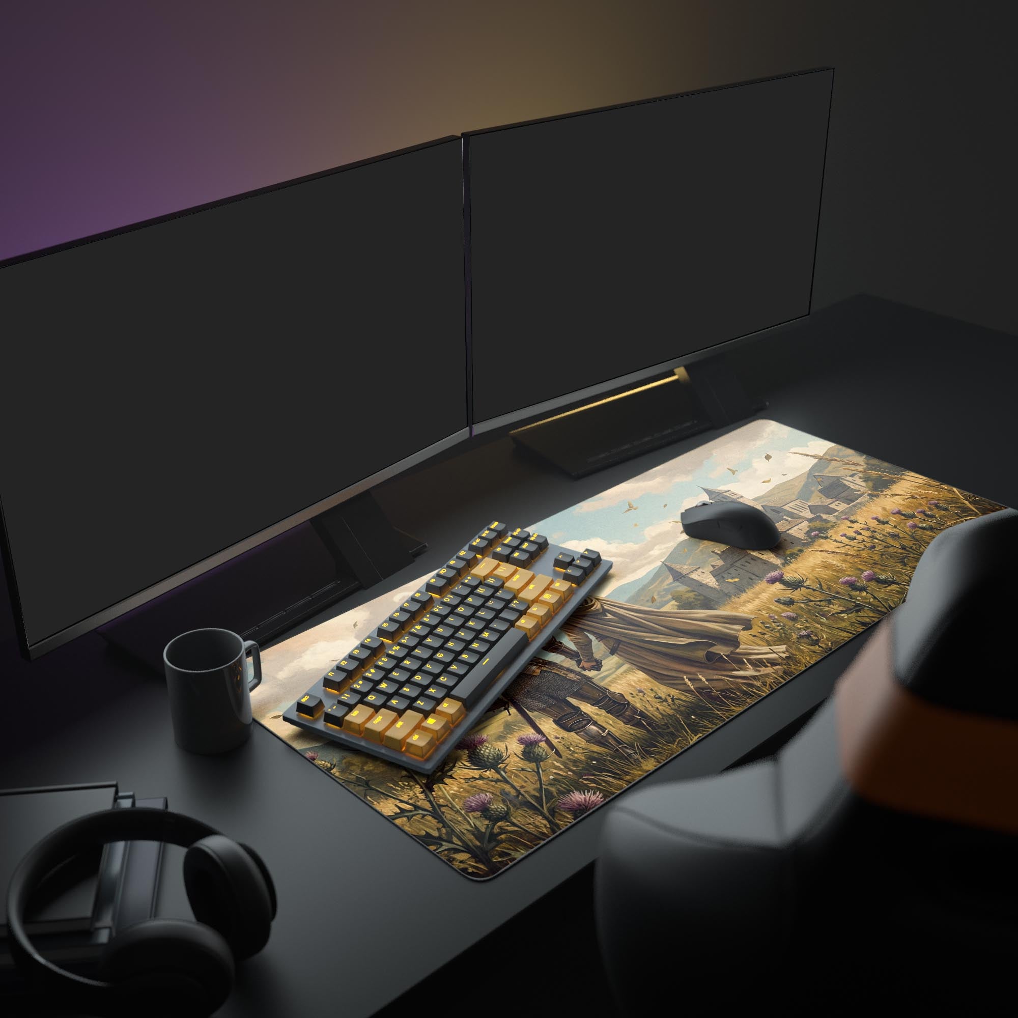 A full gaming setup featuring The Homecoming mouse pad, with dual monitors and an RGB keyboard, creating a cohesive medieval fantasy theme. - Epic Design Pads & Mousepads