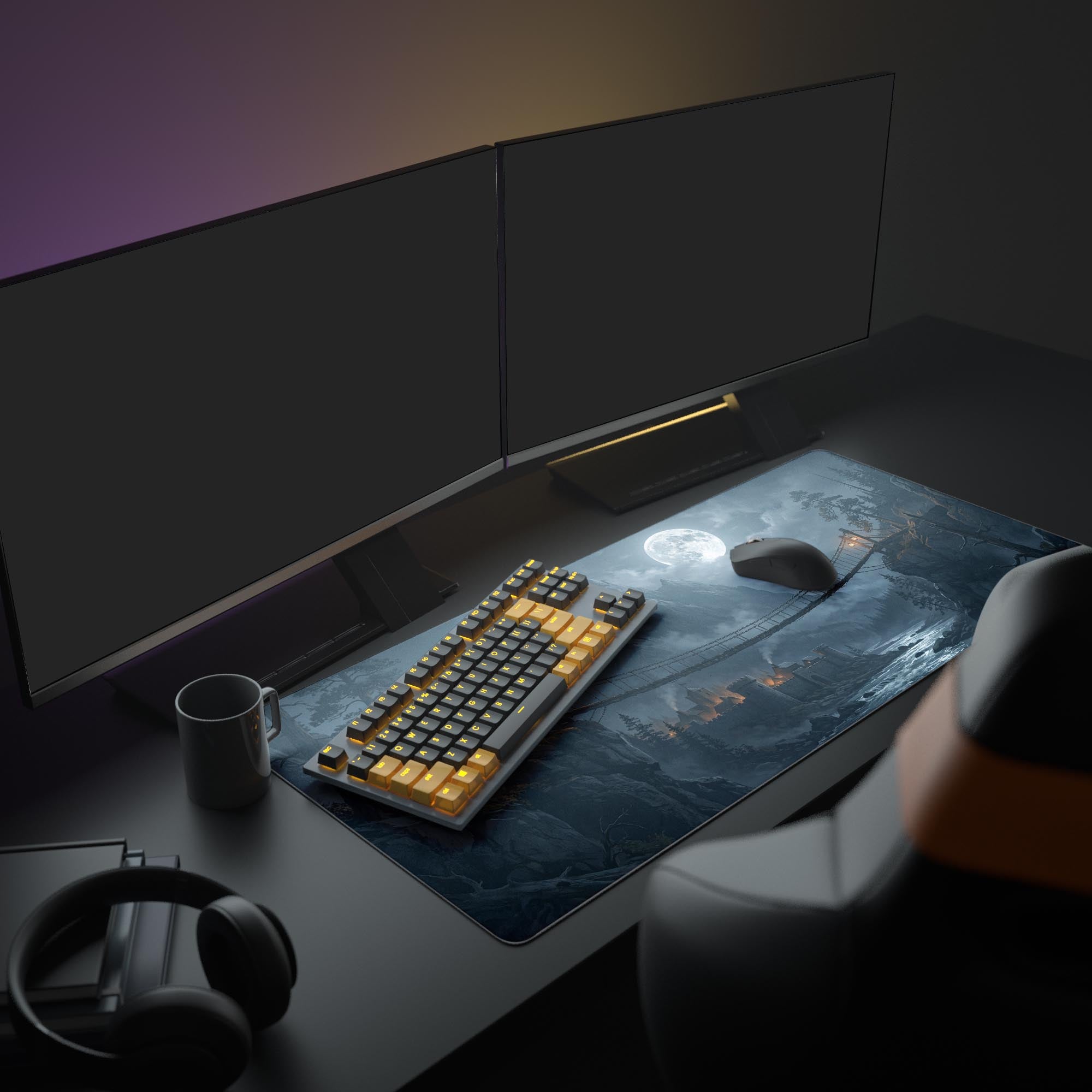 A complete gaming setup featuring The Last Bridge mouse pad. The dark fantasy design with a castle and moon complements the glowing keyboard and multiple monitors, creating an immersive atmosphere. - Epic Design Pads & Mousepads