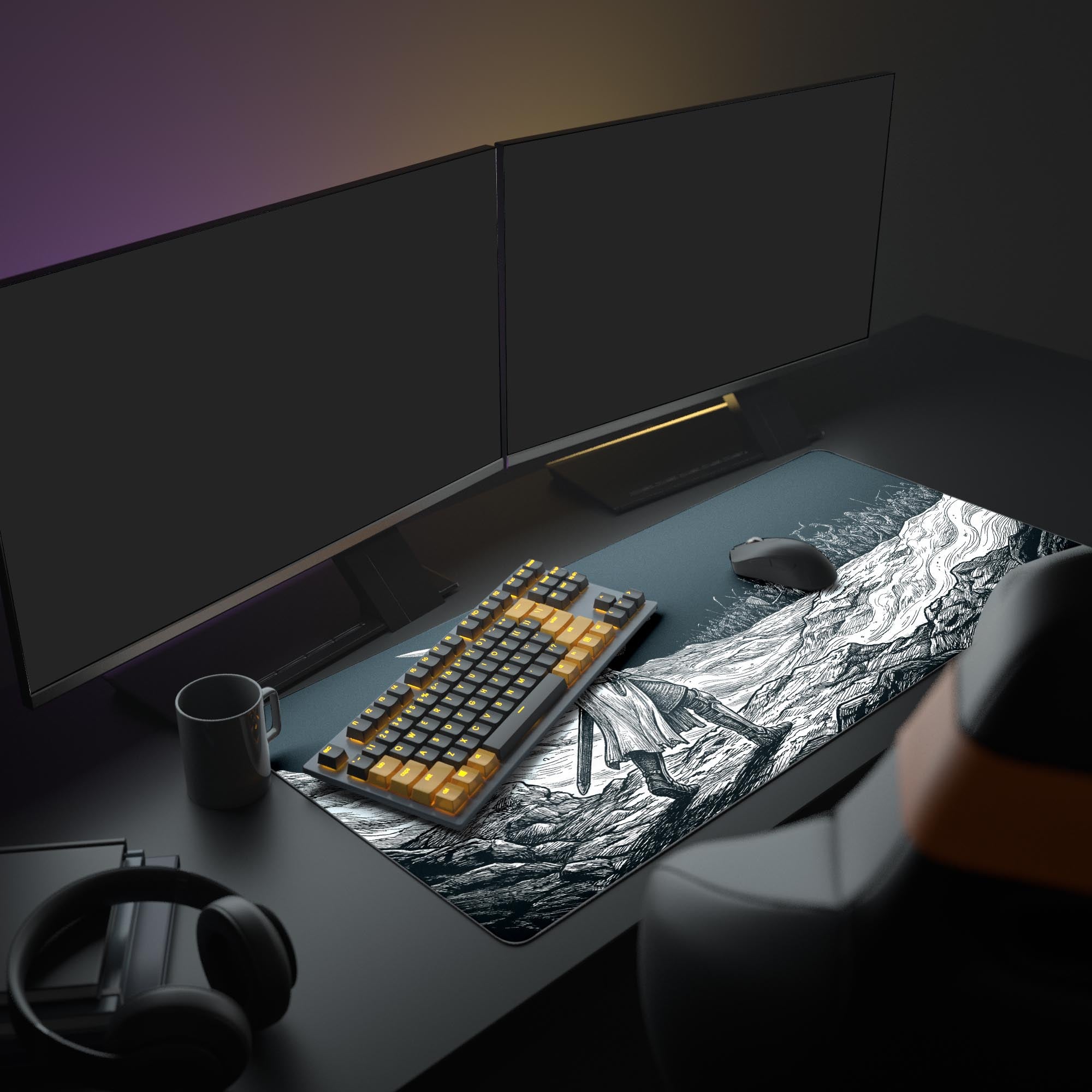 A full gaming PC setup featuring 'The Last Stand' gaming desk mat, enhancing the workspace aesthetic under dual monitors and an illuminated keyboard. - Epic Design Pads & Mousepads