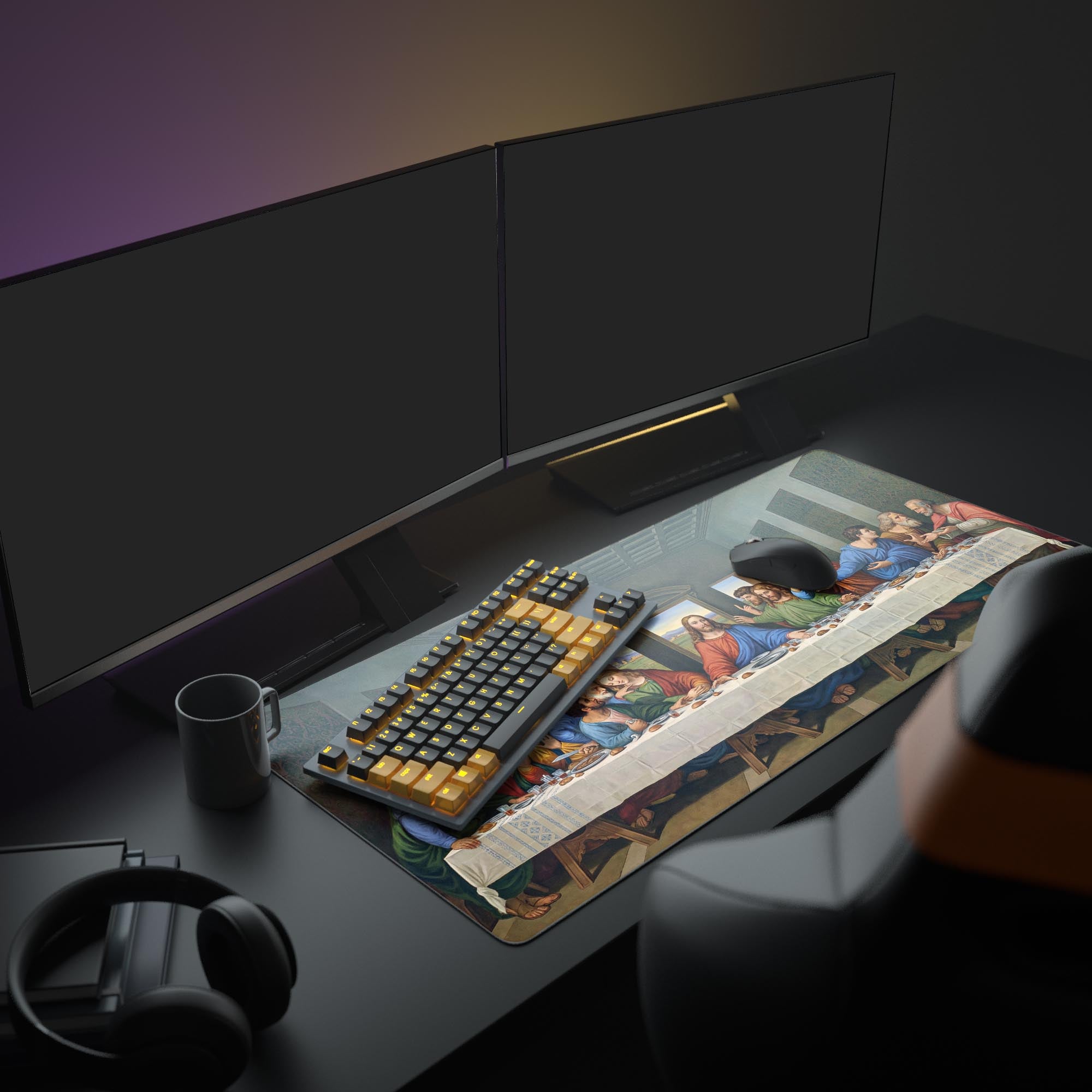 A full computer setup showcasing The Last Supper art mouse pad, providing ample space for a gaming keyboard, mouse, and multiple monitors for an aesthetically pleasing workspace. - Epic Design Pads & Mousepads