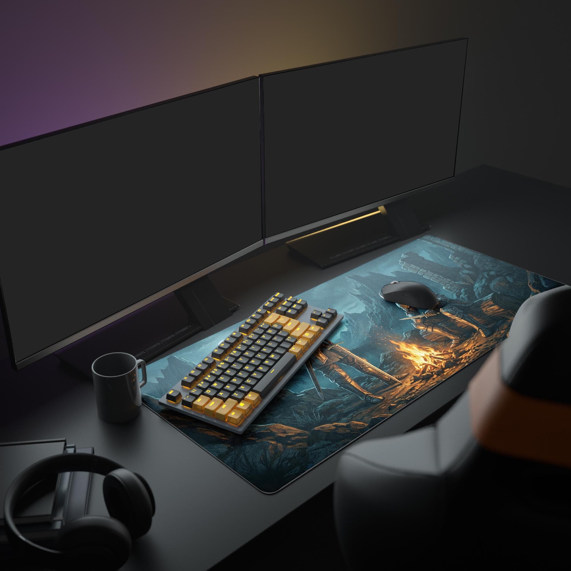 Large fantasy knight desk mat in a cozy gaming setup with dual monitors, a mechanical keyboard, and headphones. The campfire design adds a warm, ambient feel. - Epic Design Pads & Mousepads