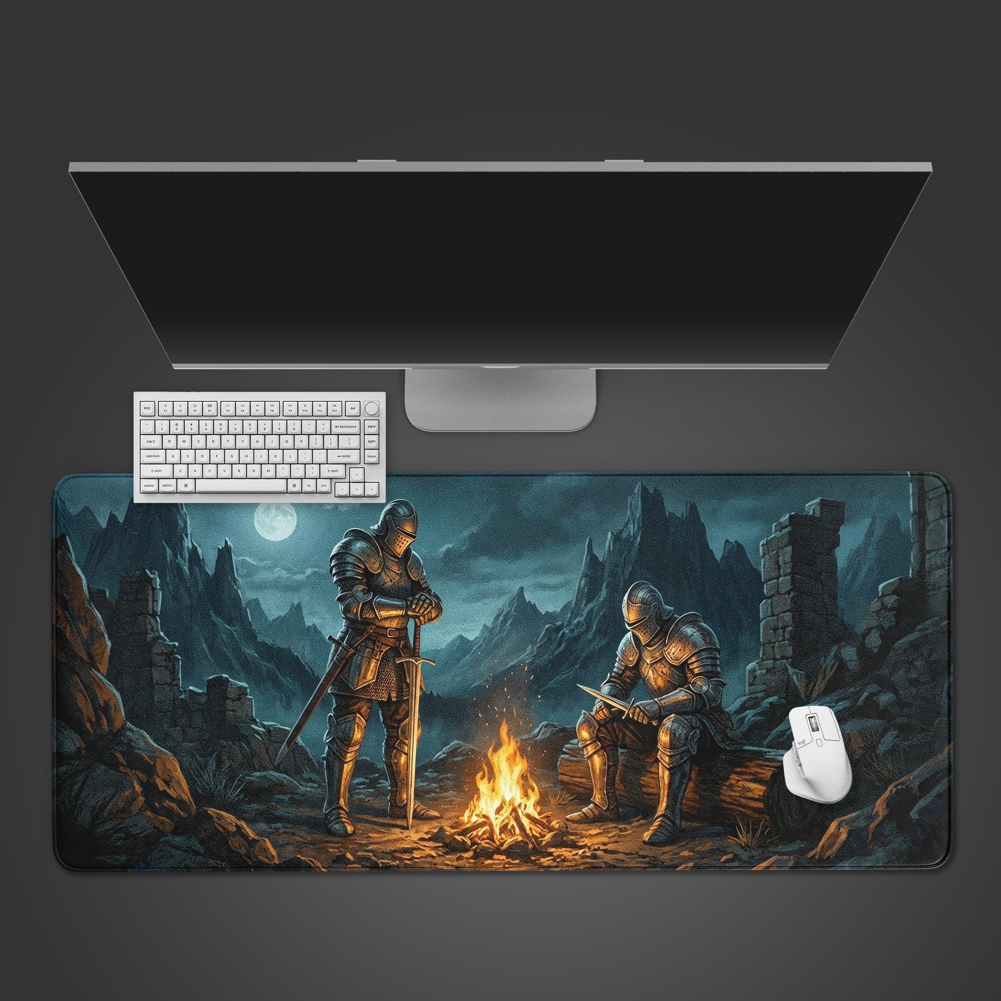 Fantasy knight desk mat featuring 'The Long Watch' campfire art. Top-down view on a desk with a gaming keyboard and mouse, highlighting the oil painting texture. - Epic Design Pads & Mousepads