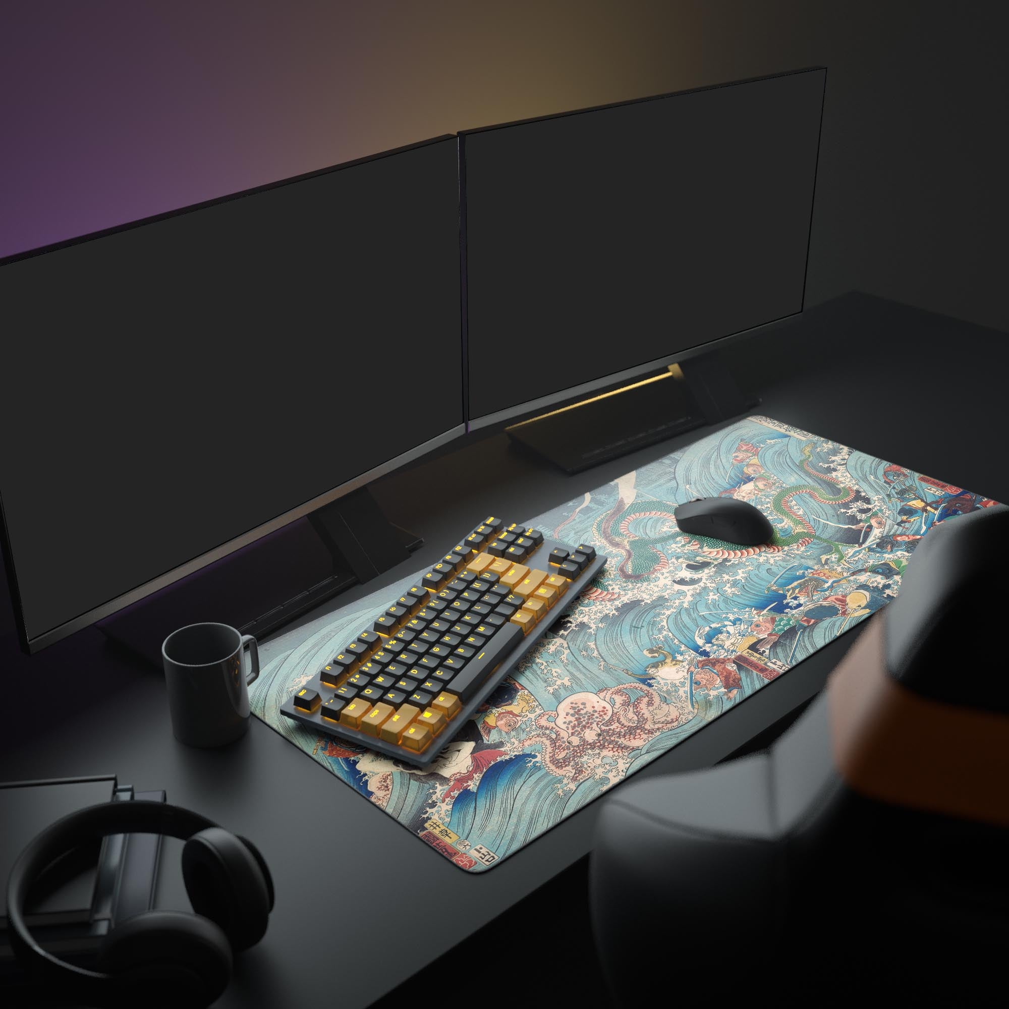 Large Ukiyo-e gaming desk mat with Kuniyoshi's dragon and samurai art, shown in an aesthetic desk setup with dual monitors and a mechanical keyboard. - Epic Design Pads & Mousepads