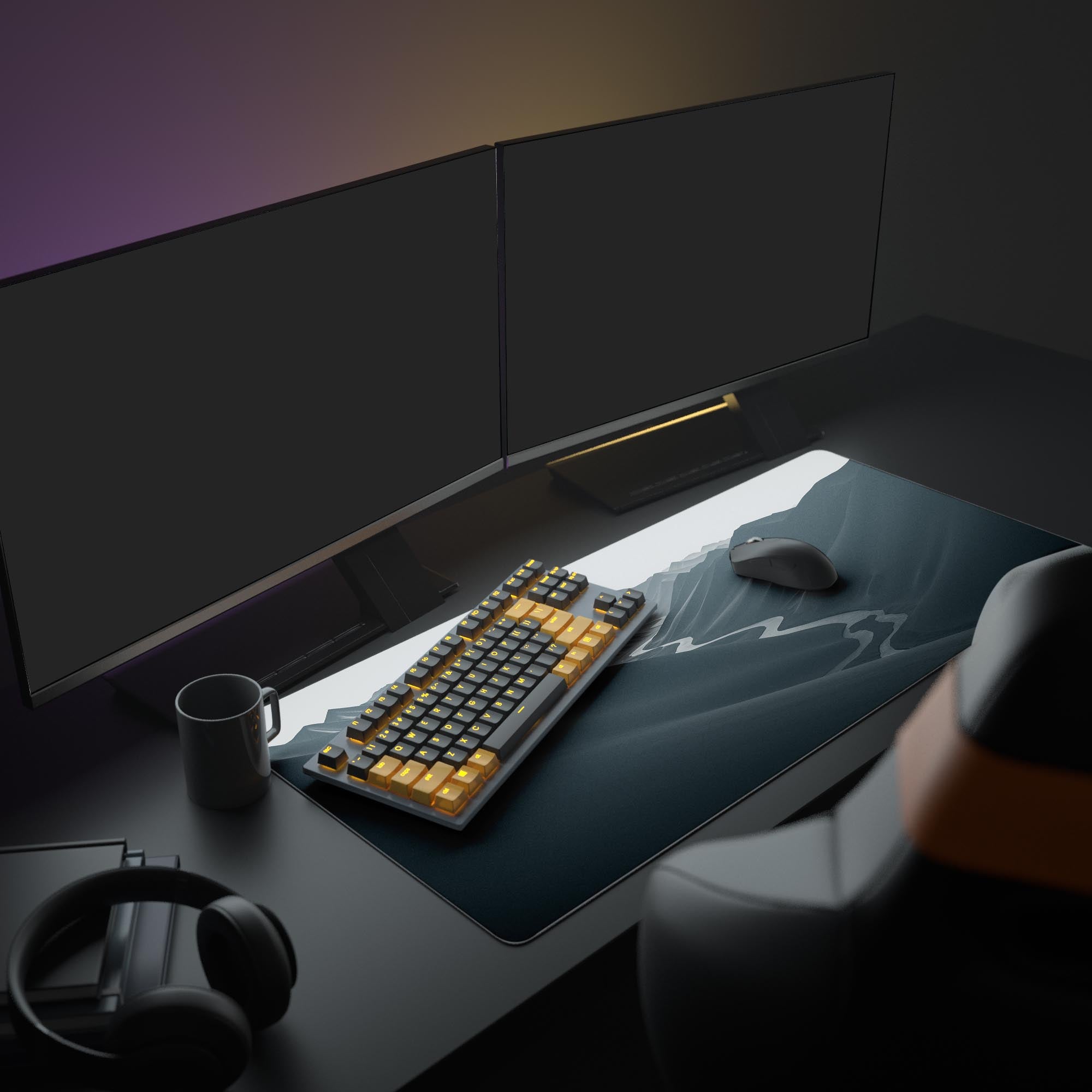 Large River Path mouse pad featured in a clean, modern desk setup with dual monitors, headphones, and a mechanical keyboard. - Epic Design Pads