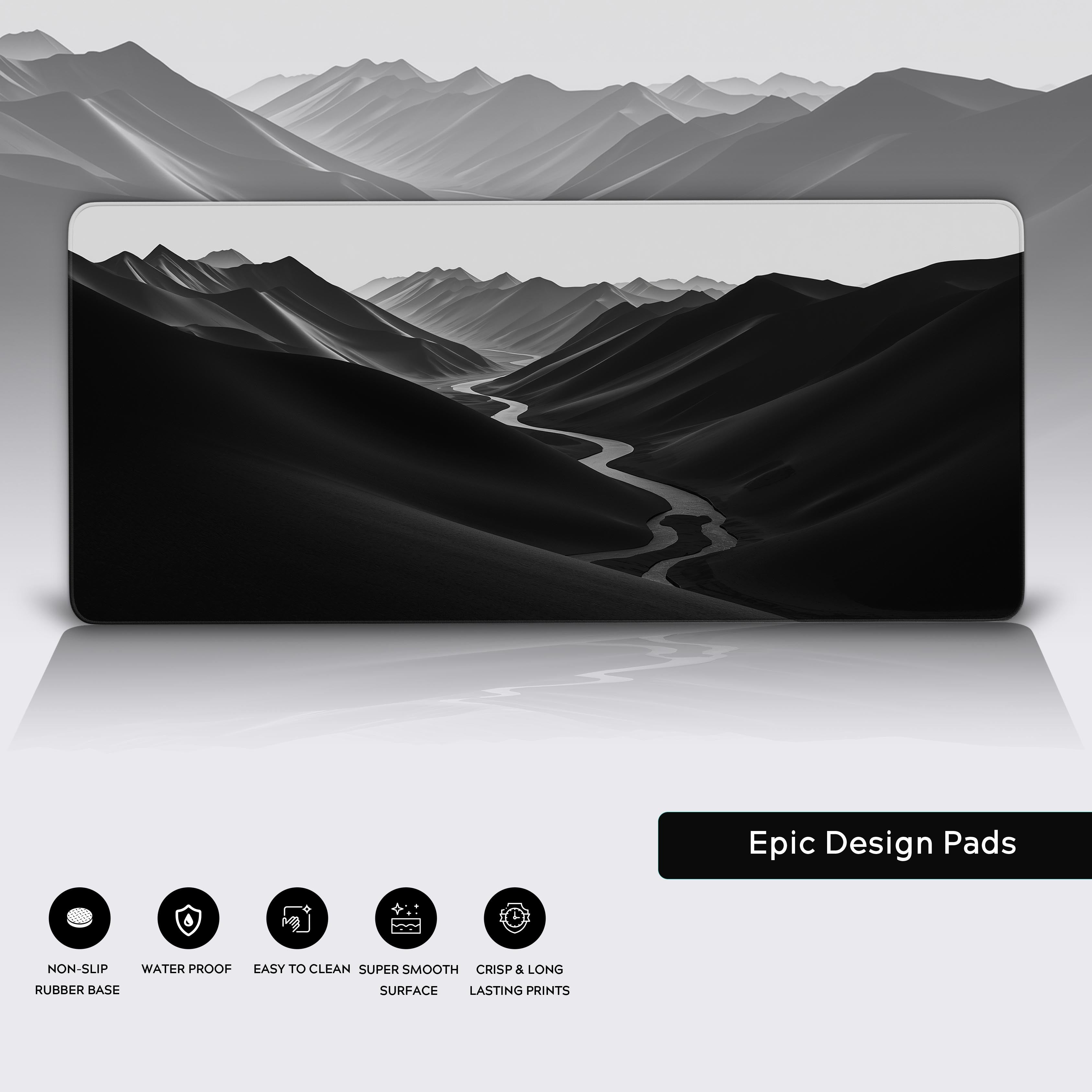 A close-up of The River Path minimalist desk mat, showcasing its premium stitched edges, smooth water-resistant surface, and non-slip rubber base. - Epic Design Pads
