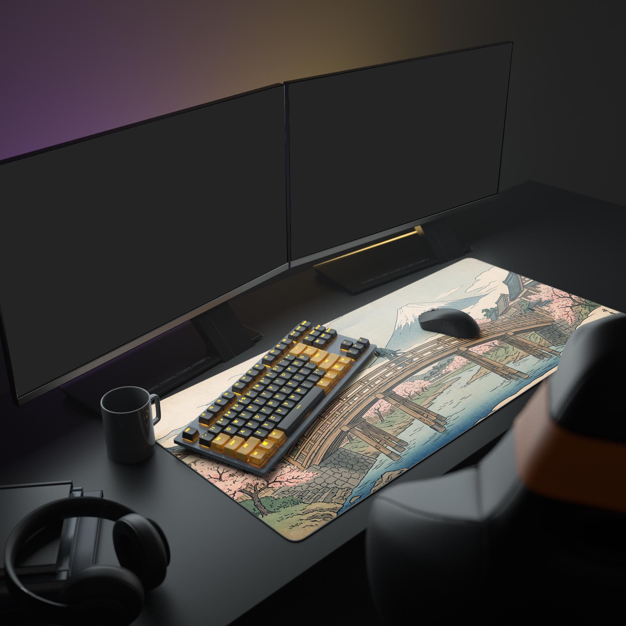 A complete computer setup featuring 'The Ronin’s Crossing' mouse pad. The Japanese art design with Mount Fuji complements the monitor, keyboard, and gaming mouse for a cohesive aesthetic. - Epic Design Pads & Mousepads